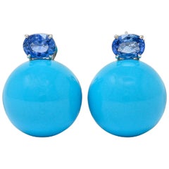 Sabbadini Vintage Turquoise Sapphire 18 Karat White Gold Ball Earrings