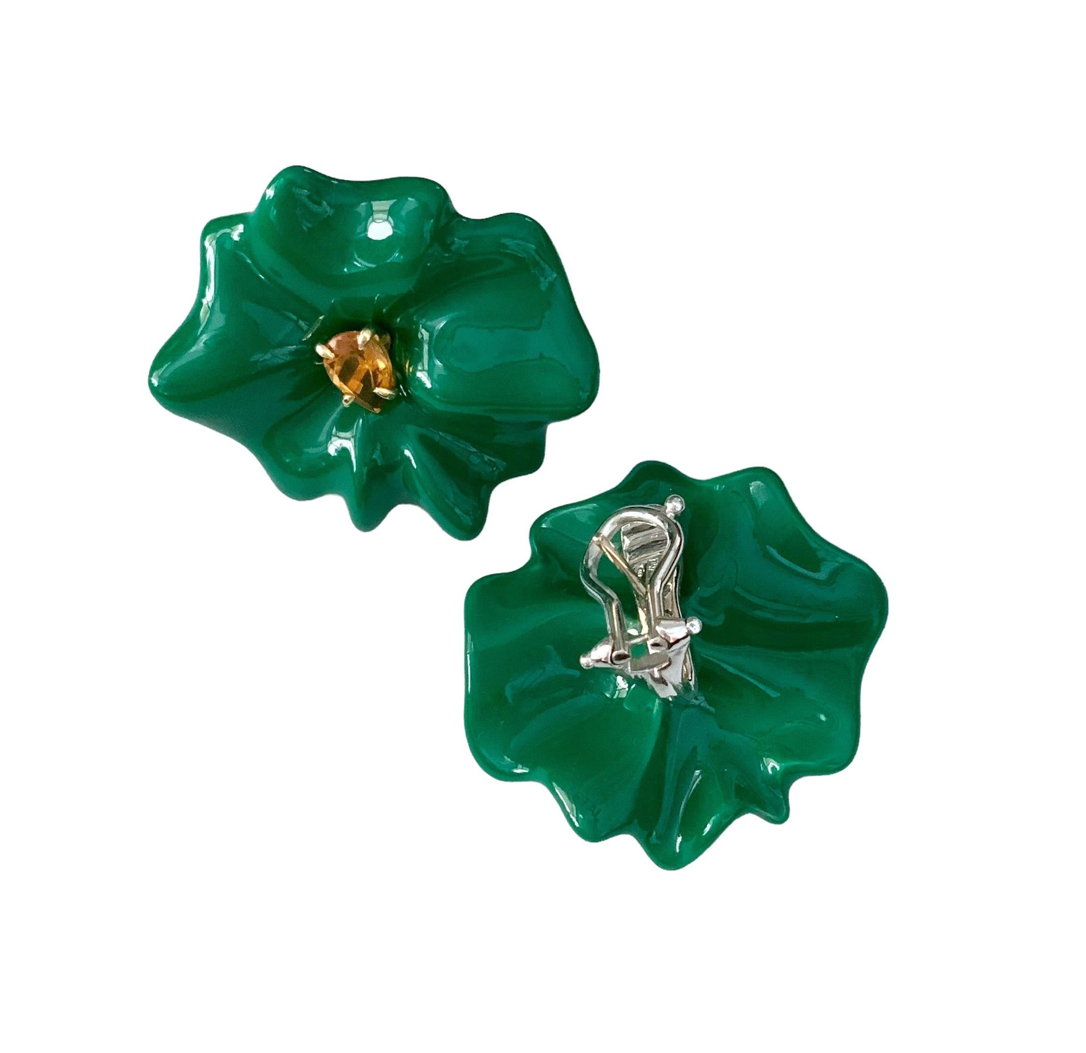 Brilliant Cut Sabbadini White Gold Yellow Sapphires Green Lacquer Colourful Flowers Earrings  For Sale