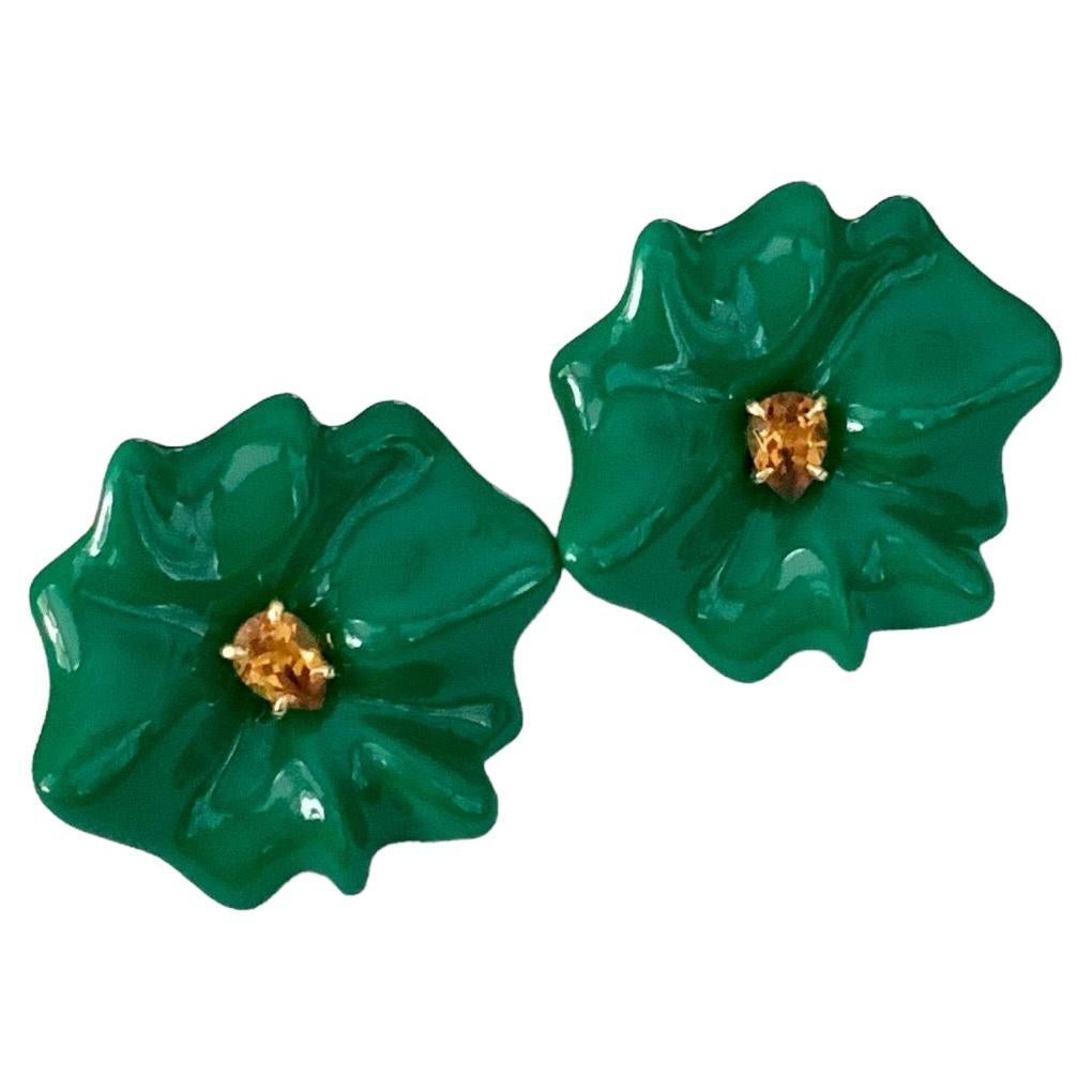 Sabbadini White Gold Yellow Sapphires Green Lacquer Colourful Flowers Earrings  For Sale