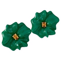 Sabbadini White Gold Yellow Sapphires Green Lacquer Colourful Flowers Earrings 