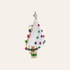 Sabbadini Yellow Gold Christmas Tree Brooch with White Jade & Diamonds & Rubies