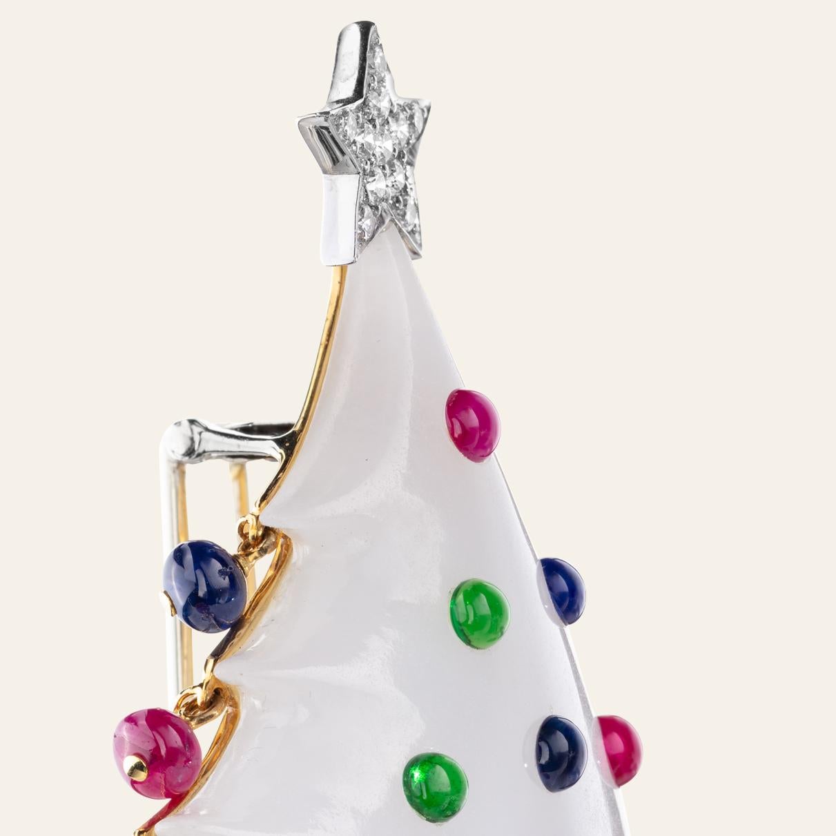 Art Deco Sabbadini Yellow Gold Christmas Tree Brooch with White Jade & Diamonds & Rubies For Sale