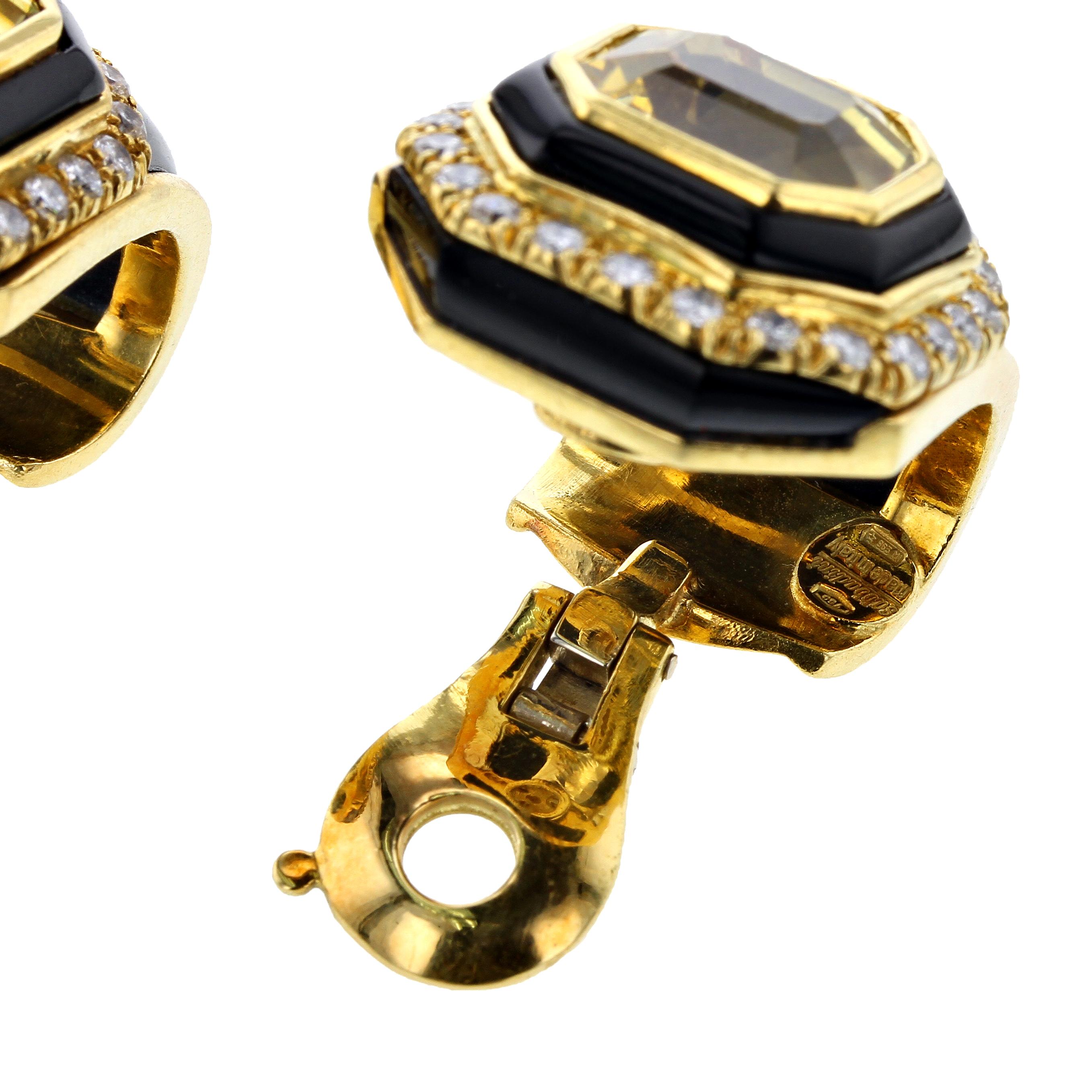 Sabbadini Ohrringe aus Gelbgold mit gelbem Saphir, schwarzem Onyx und Diamanten (Asscher-Schliff) im Angebot