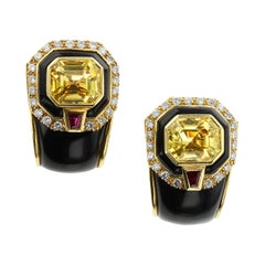 Vintage Sabbadini Yellow Sapphire, Black Onyx and Diamond Yellow Gold Earrings