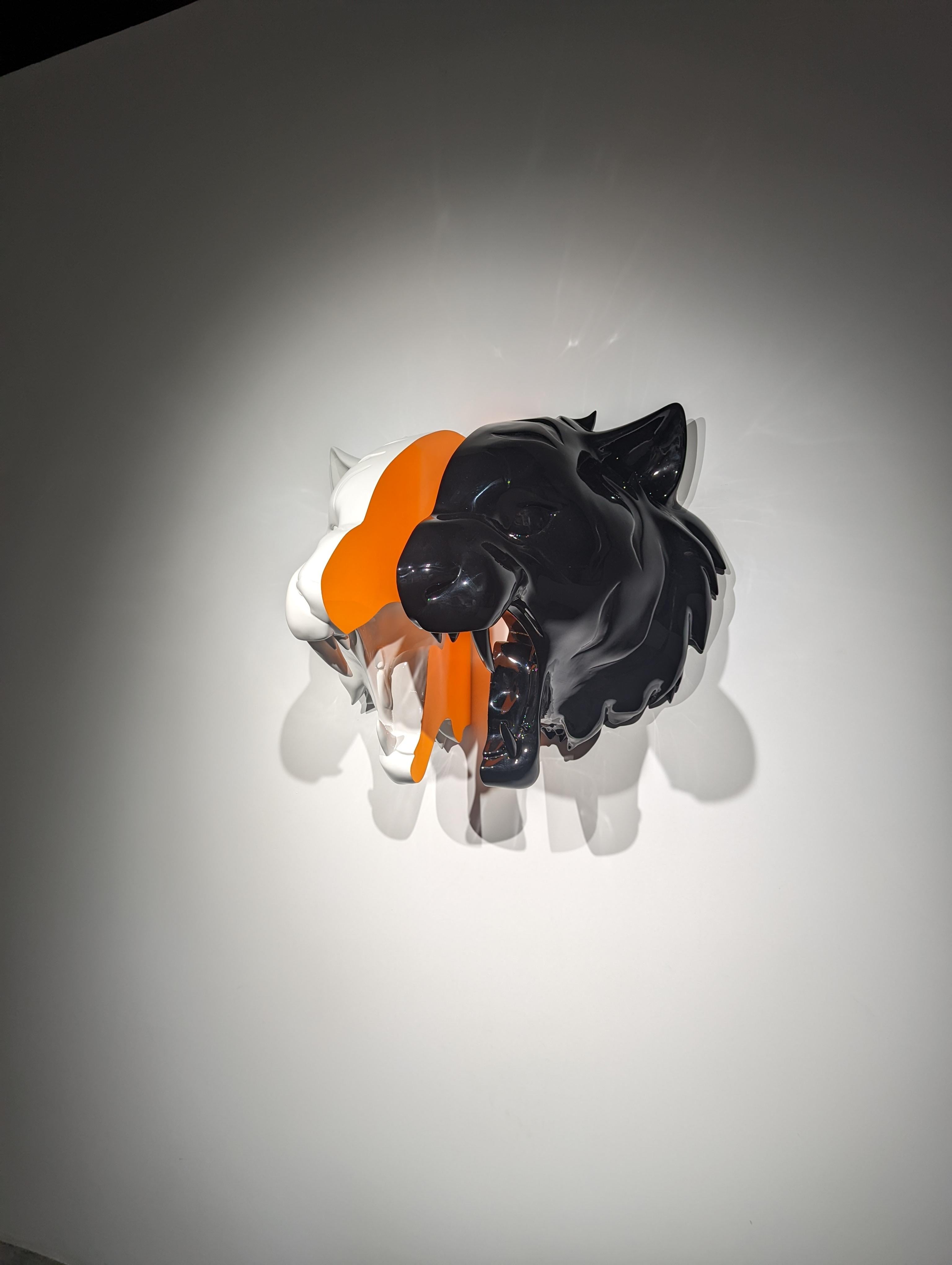 A 3 dimensional wall sculpture of a tiger's head that changes depending on the viewers standpoint. Perfectly smooth shiny surface, black and white and bright orange inside. An eye catching sculpture for your interior. First exposed in 2B Art