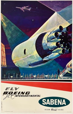 SABENA BELGIAN WORLD AIRLINES BOEING JET Original Vintage Airline Travel Poster