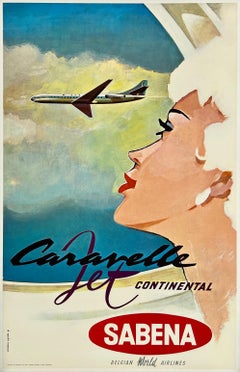 SABENA BELGIAN WORLD AIRLINES CARVAVELLE Original Vintage Airline Travel Poster