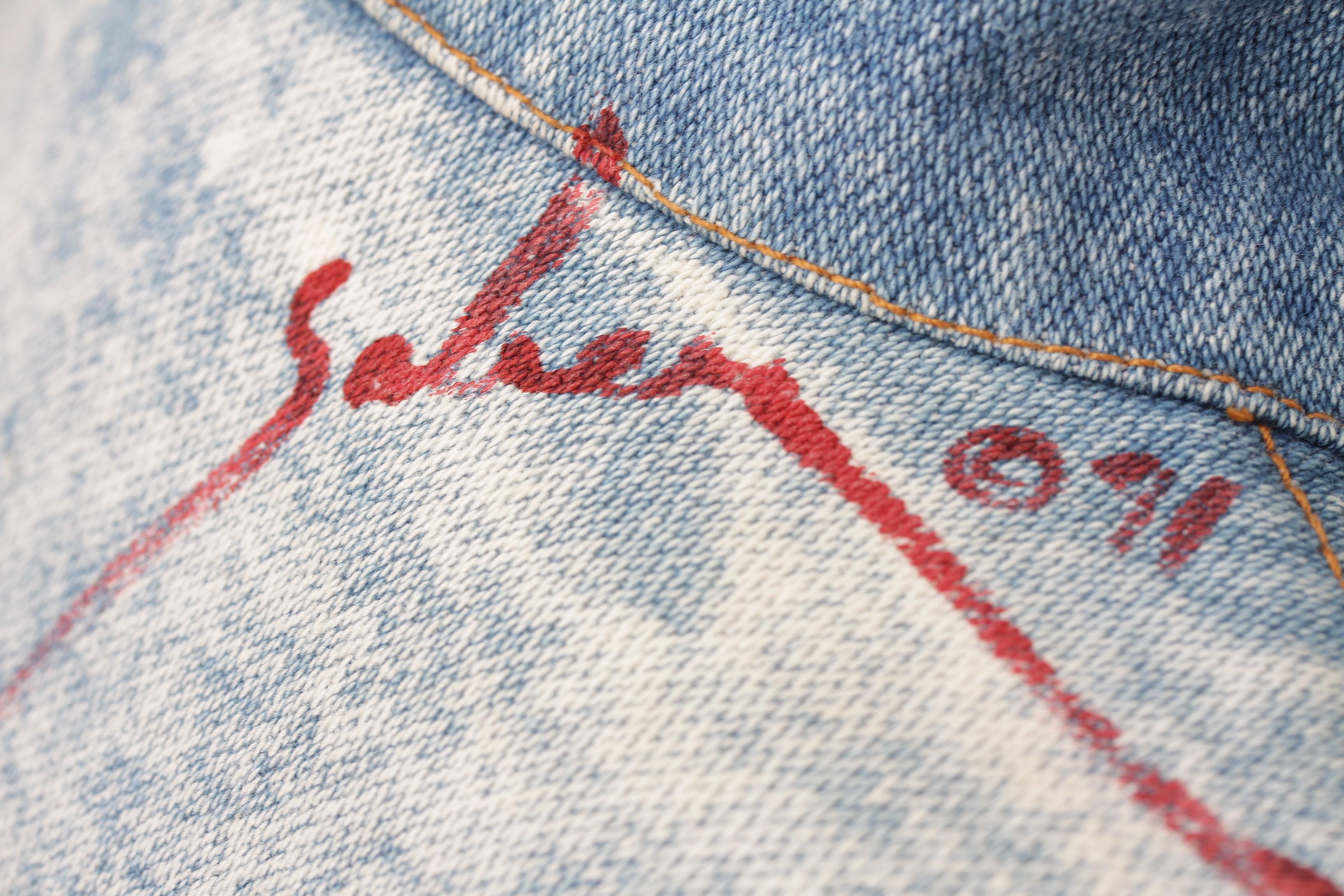 Rare and iconic jean jacket signed by the pop artist, Saber in 1991. Original work of art owned by a socialite in New York given to her by the artist. This is part of an 