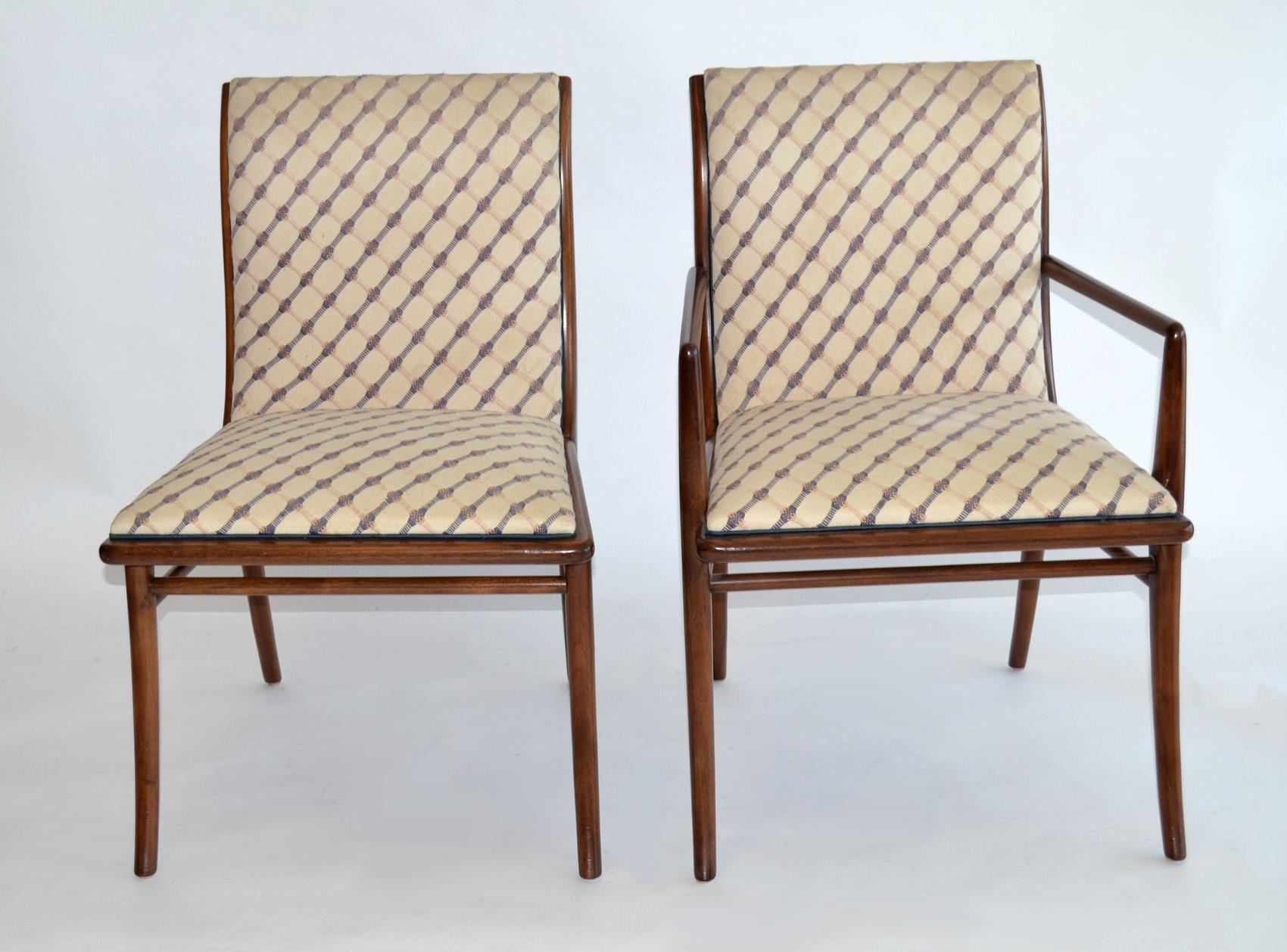 Set of Six Saber Leg Dining Chairs by T.H. Robsjohn-Gibbings for Widdicomb. Rarely-seen fin-backed design with undulating animal-like legs. A gorgeous mid century modern design. Two armchairs and four sides feature original upholstery. Signed. Table