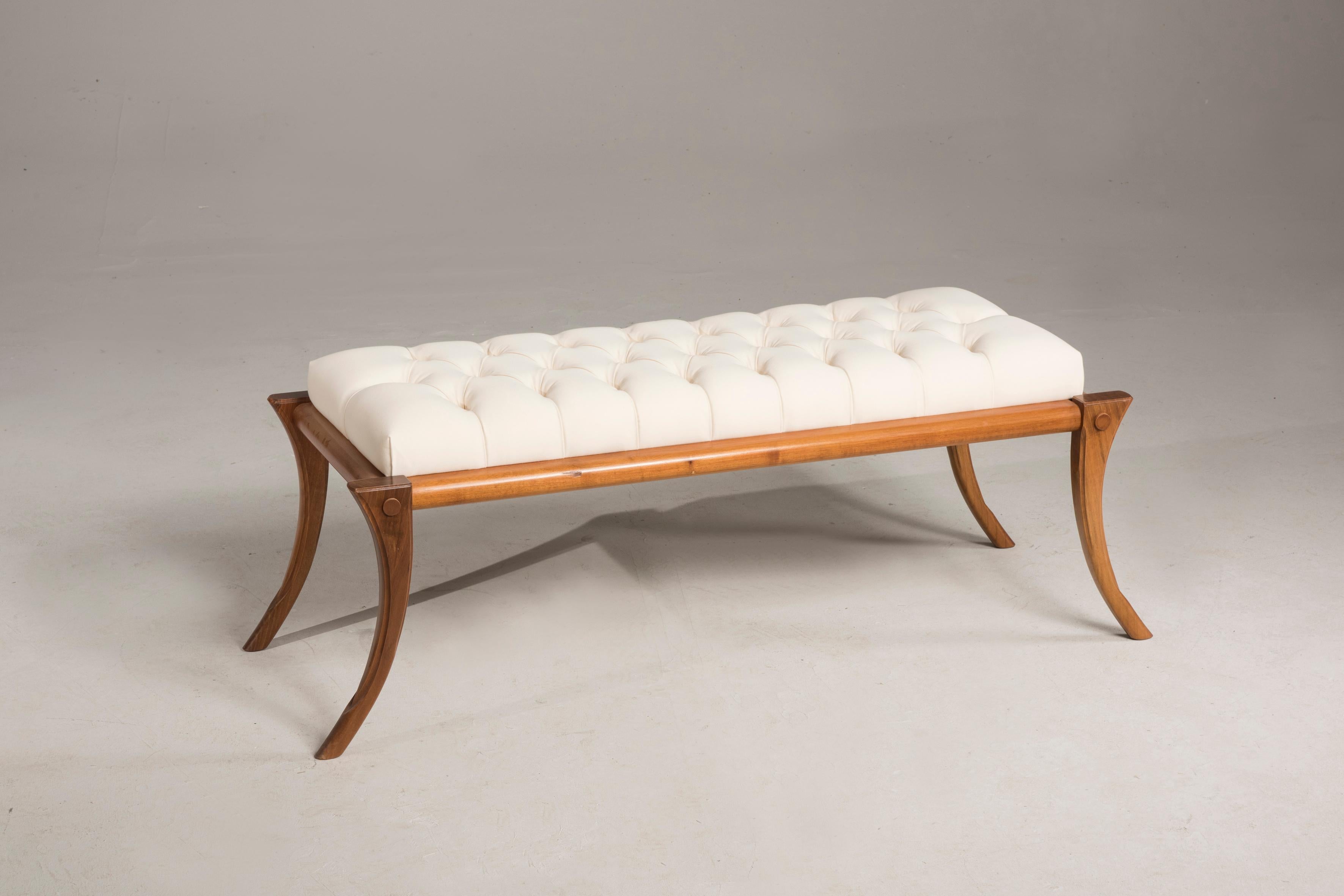 Greek Revival Saber Legs Walnut Wood Velvet Milk Color Bench Customizable Upholstery and Wood For Sale