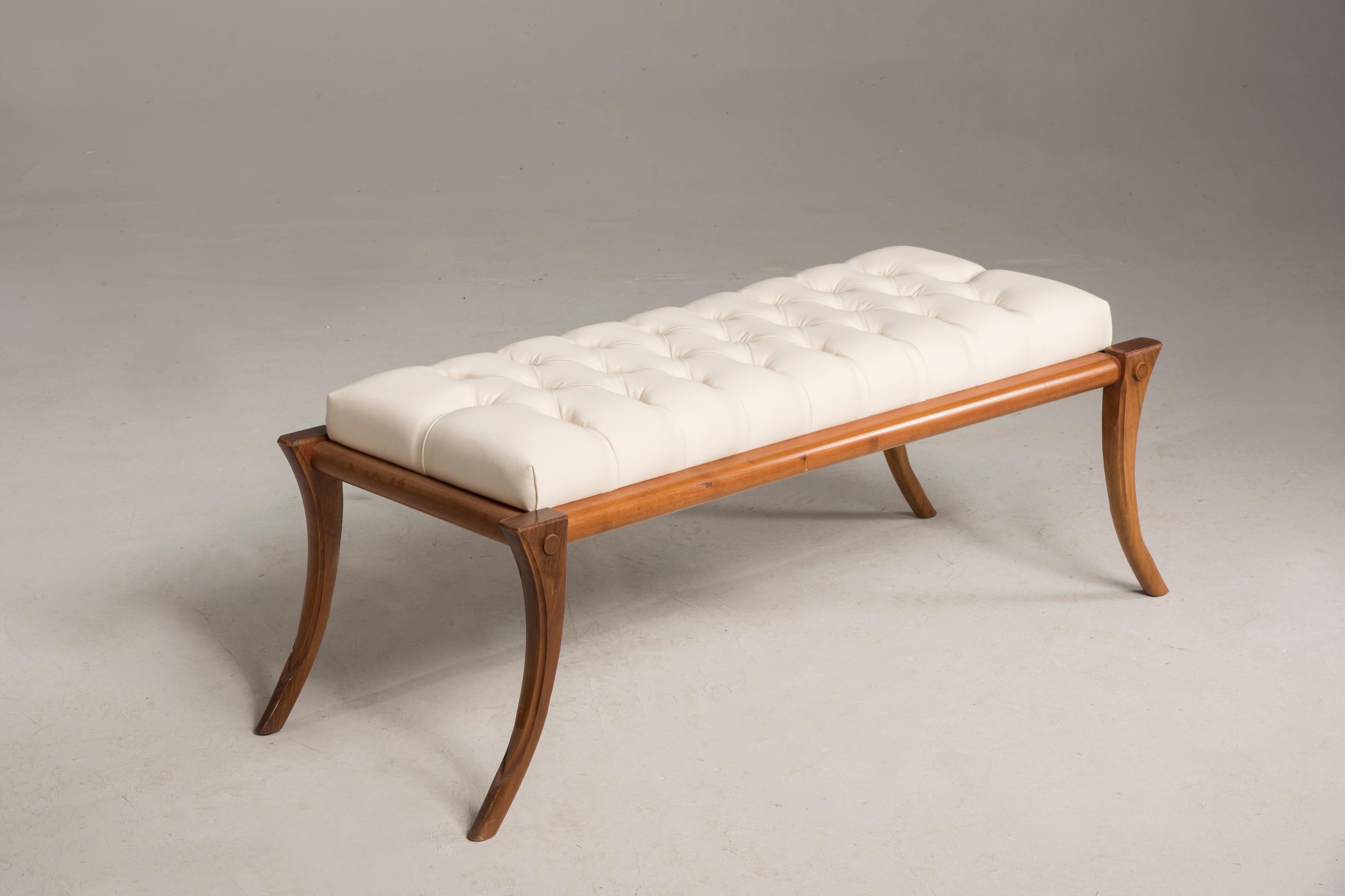 Italian Saber Legs Walnut Wood Velvet Milk Color Bench Customizable Upholstery and Wood For Sale