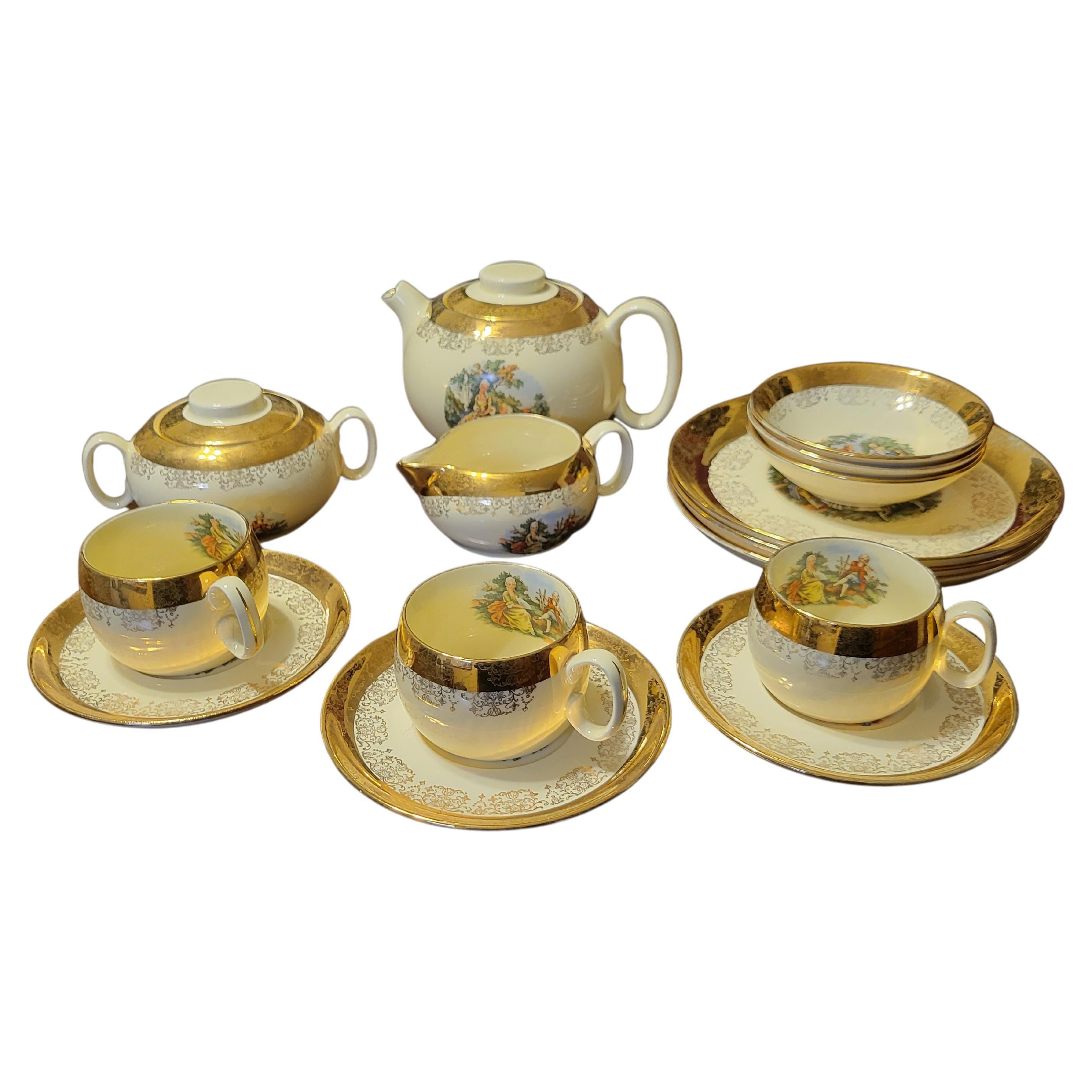 Sabin Crest-o-Gold 22K China Set with Teapot - 15 Pieces For Sale