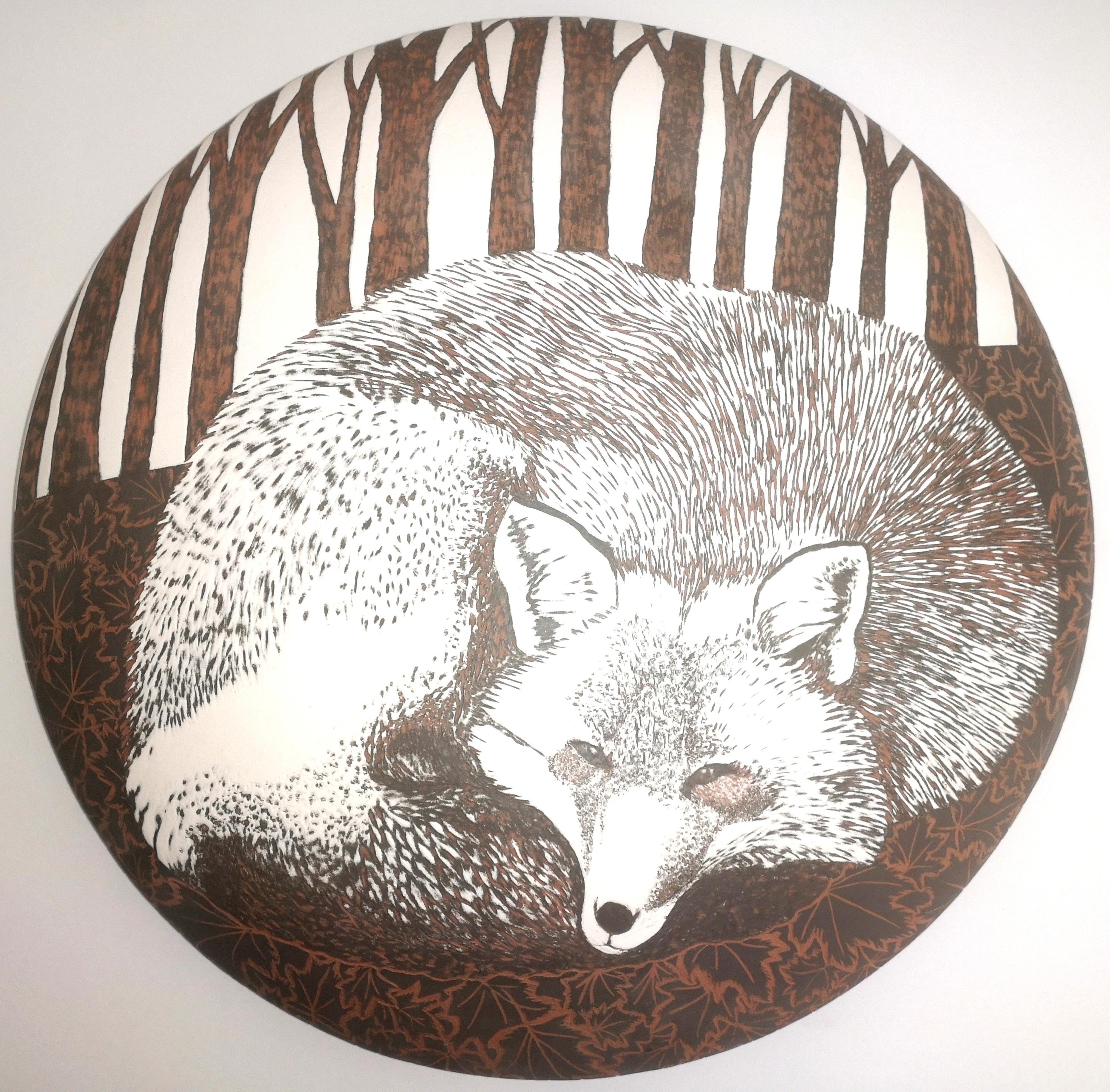 "Tondo - Fox", unique, original, ceramic, sgraffito, animal, wall decoration - Mixed Media Art by Sabina Pelc