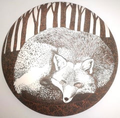 "Tondo - Fox", unique, original, céramique, sgraffite, animal, décoration murale