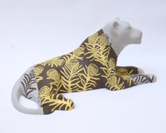 "Lioness - Protea", unique animal sculpture, ceramic, sgraffito technique