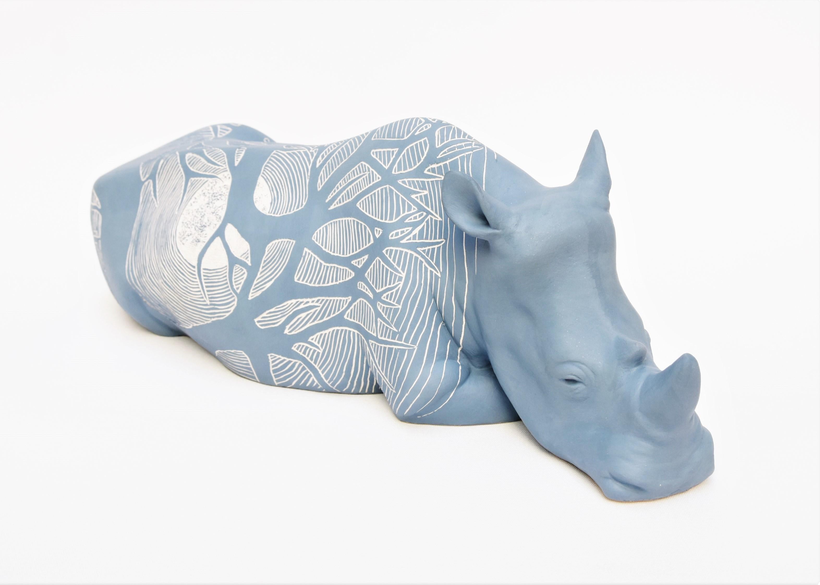 Sabina Pelc Figurative Sculpture - "Rhinoceros - Moonlight", unique animal sculpture, ceramic, sgraffito technique