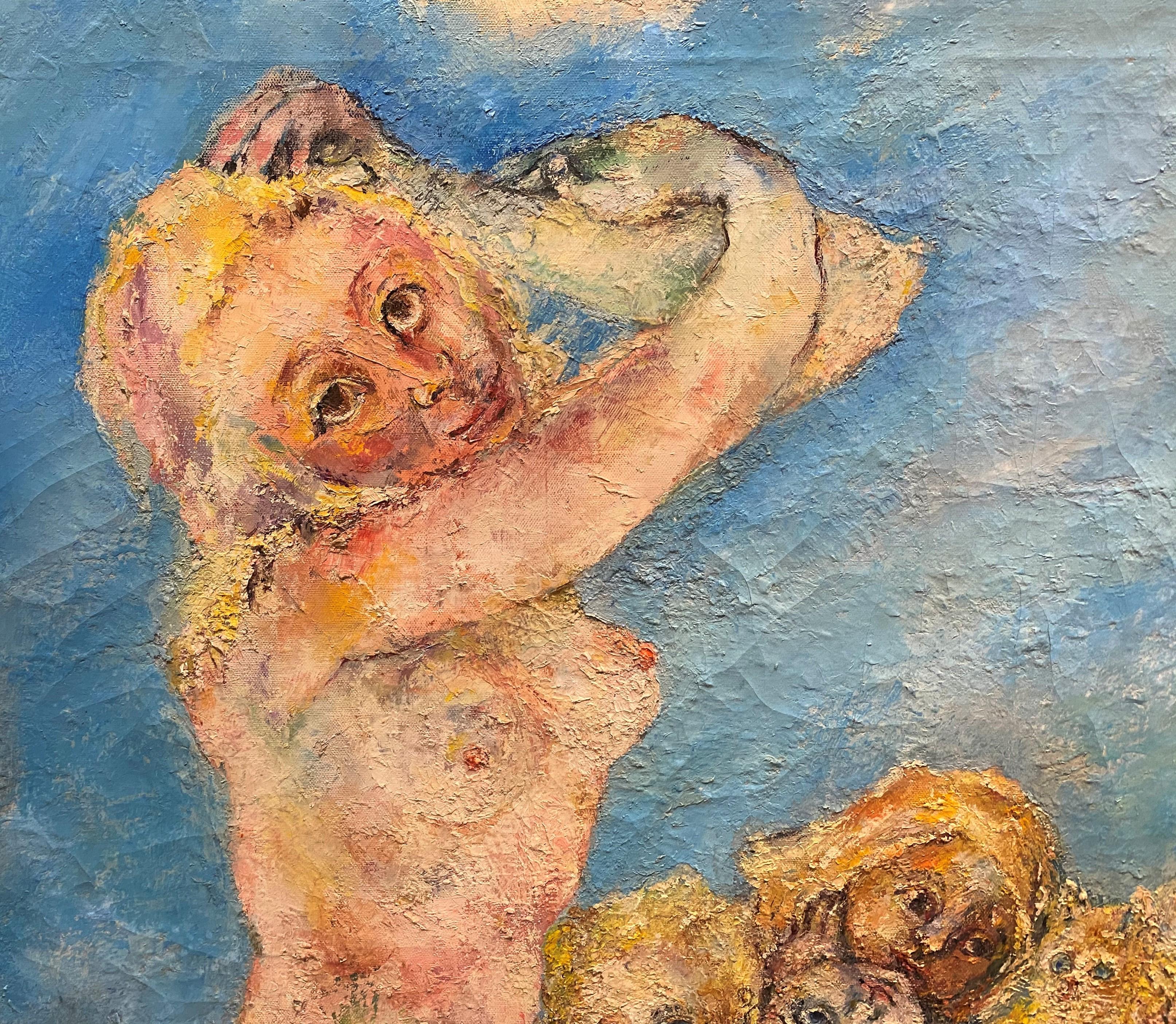 Two Nude Women with Children and Cats - Painting by Sabina Teichman
