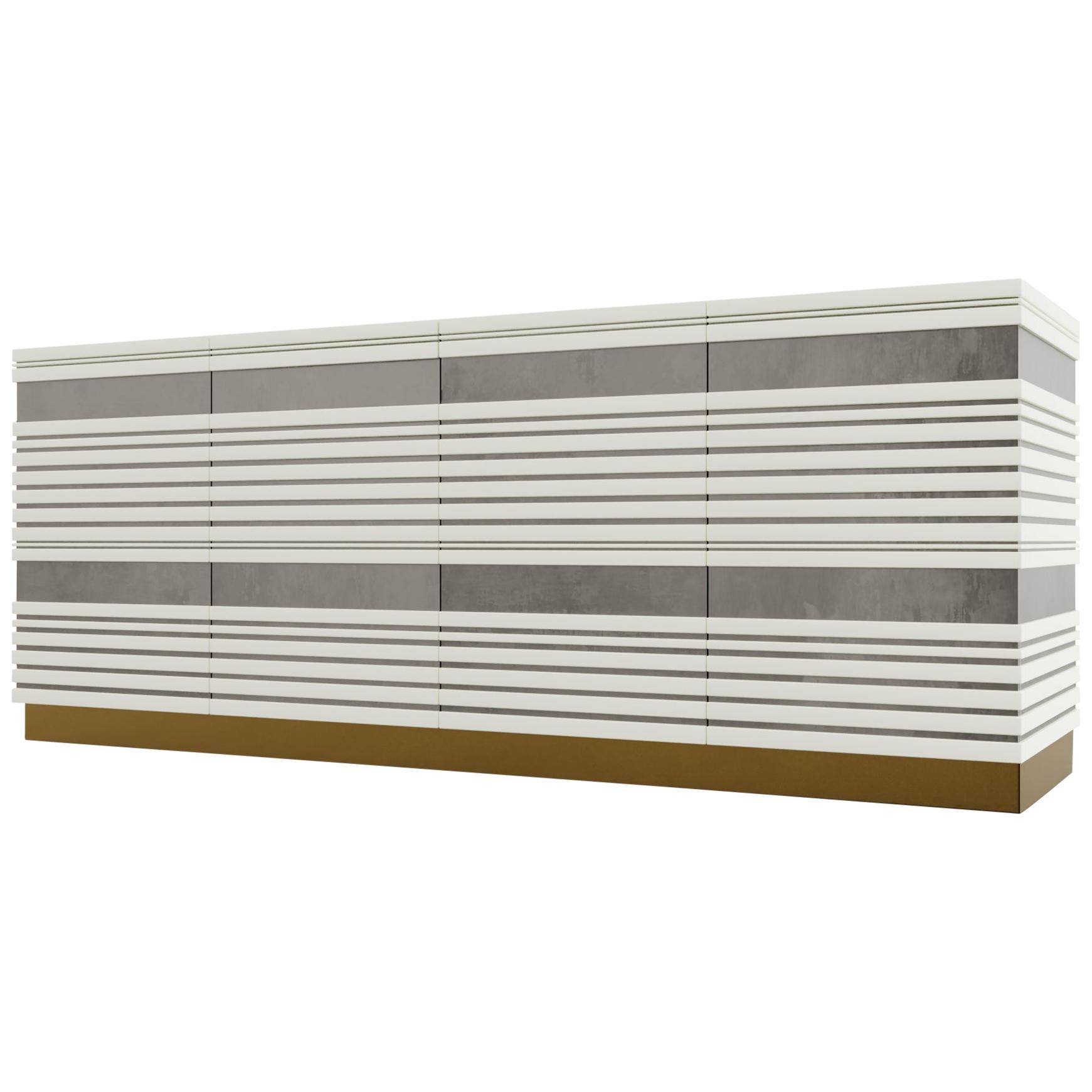 Sabine Credenza, Modern Linear Body and Silver Leafed Inlay with Metal Base