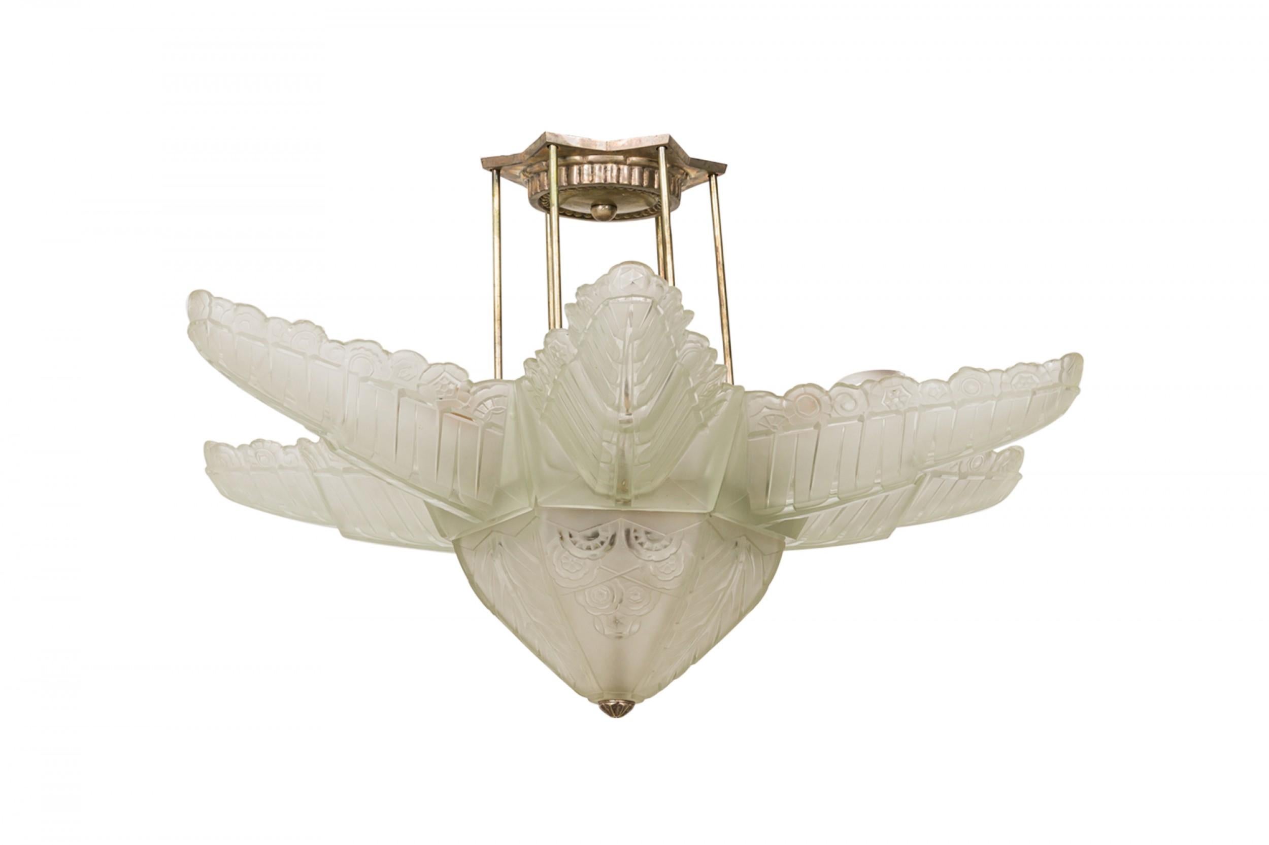 Art Deco (1940s) French frosted glass chandelier in flower / star form consisting of six stylized frosted glass leaves molded in a repoussé of alternating chevron / curvature patterns, emanating above a starburst base capped by a geometric circular