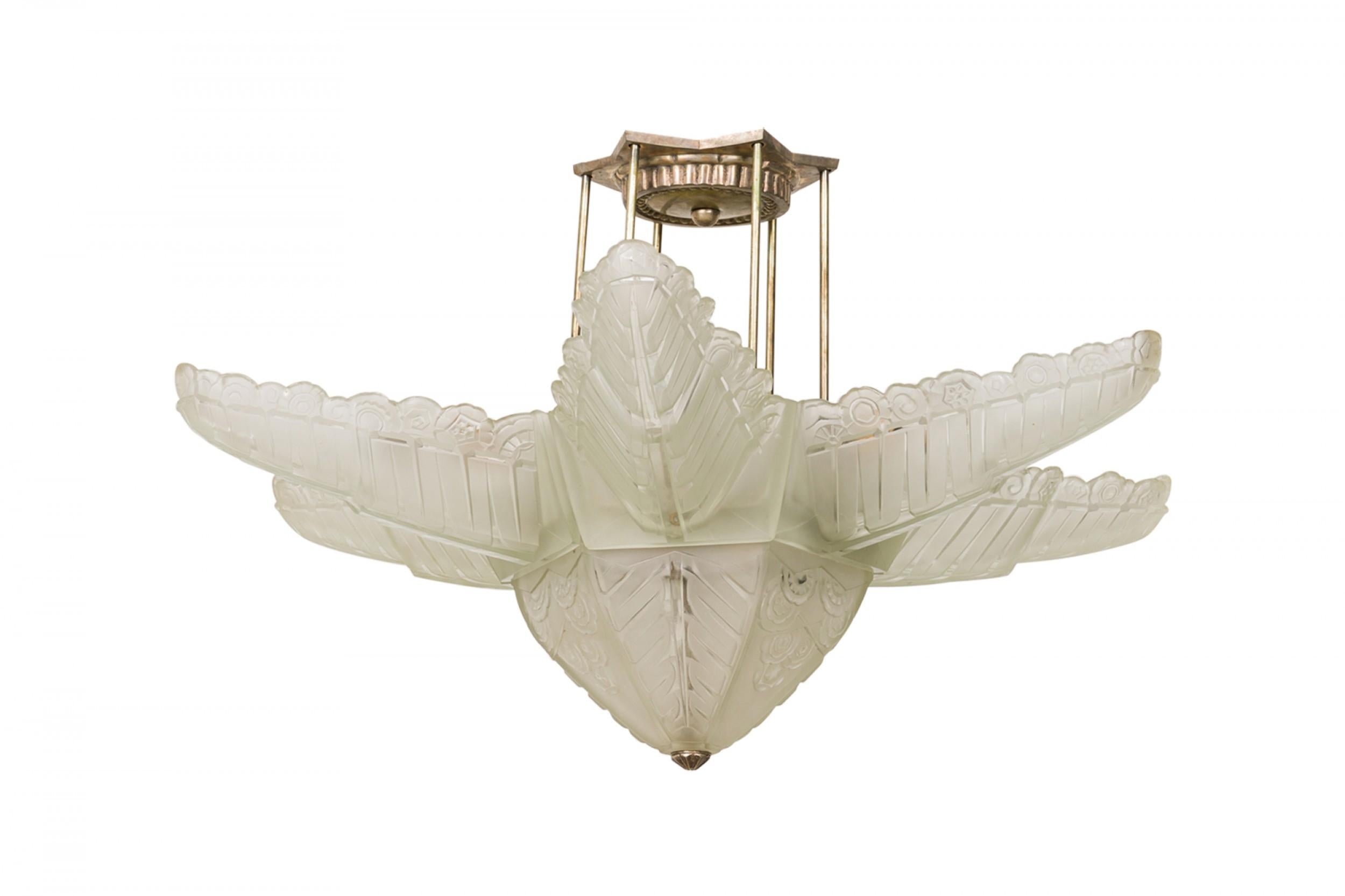 Sabino Art Deco French Frosted Glass and Metal Flower Form Chandelier In Good Condition For Sale In New York, NY