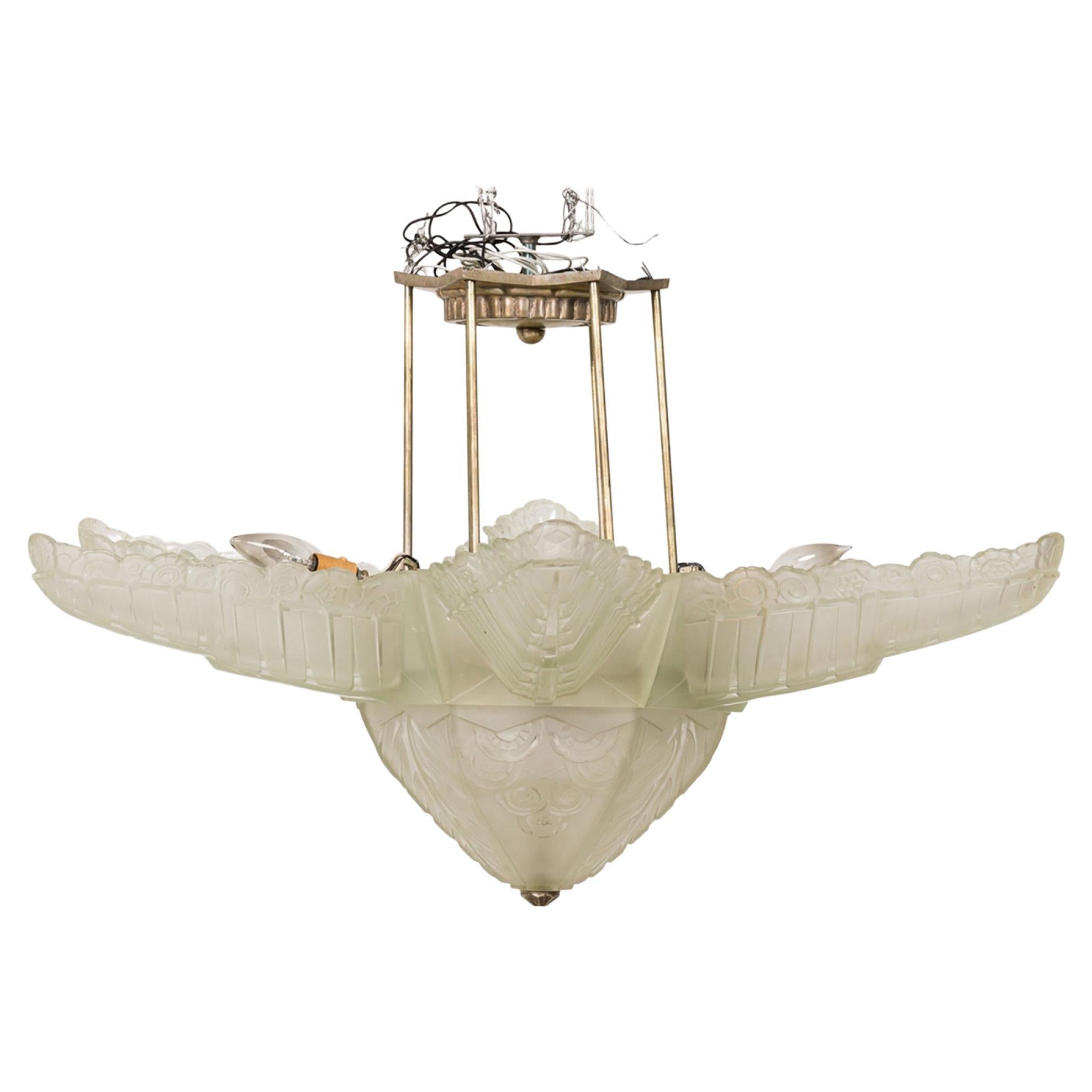 Sabino Art Deco French Frosted Glass and Metal Flower Form Chandelier For Sale