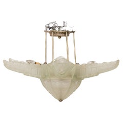 Sabino Art Deco French Frosted Glass and Metal Flower Form Chandelier