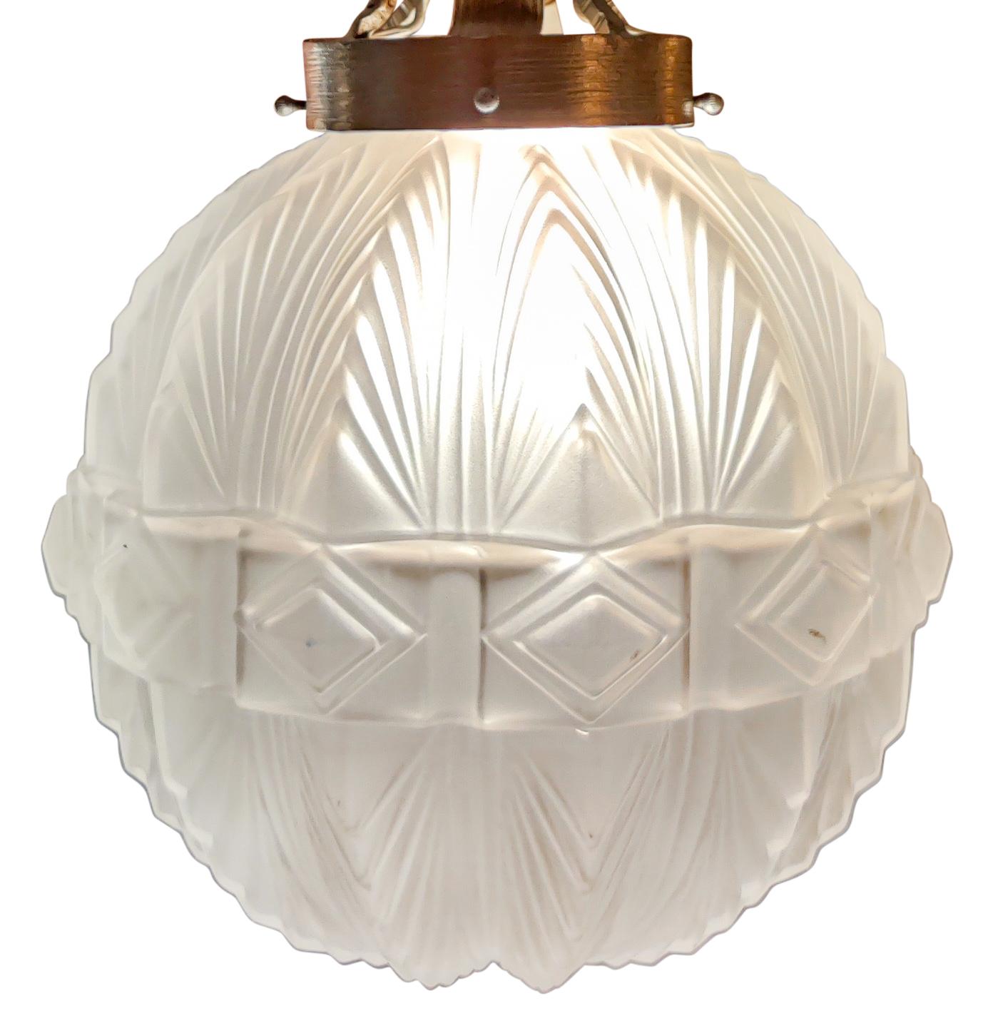 French Sabino Art Deco Lantern Chandelier Frosted Glass Nickeled Steel, France, 1920s For Sale