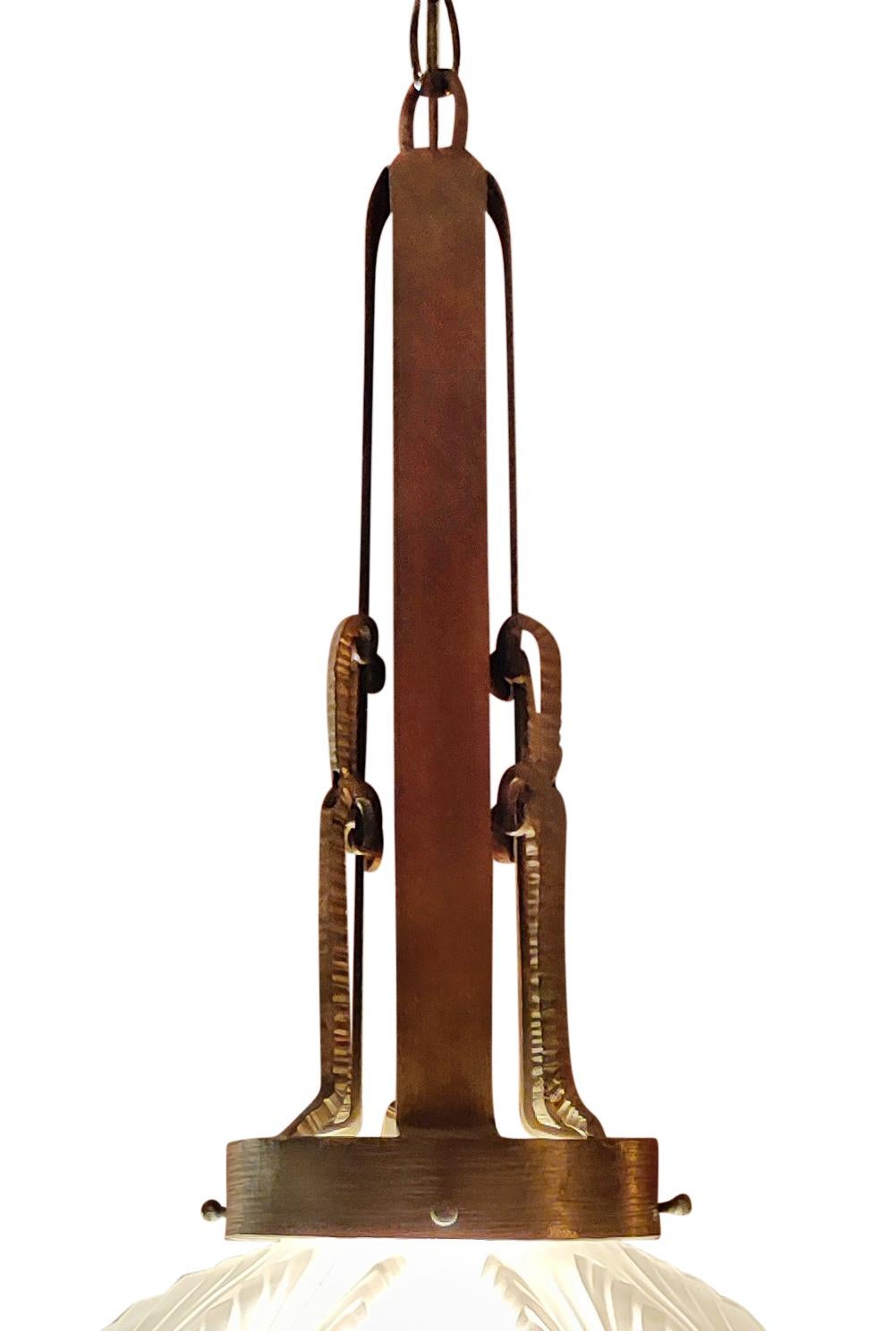 Sabino Art Deco Lantern Chandelier Frosted Glass Nickeled Steel, France, 1920s In Good Condition For Sale In Philadelphia, PA
