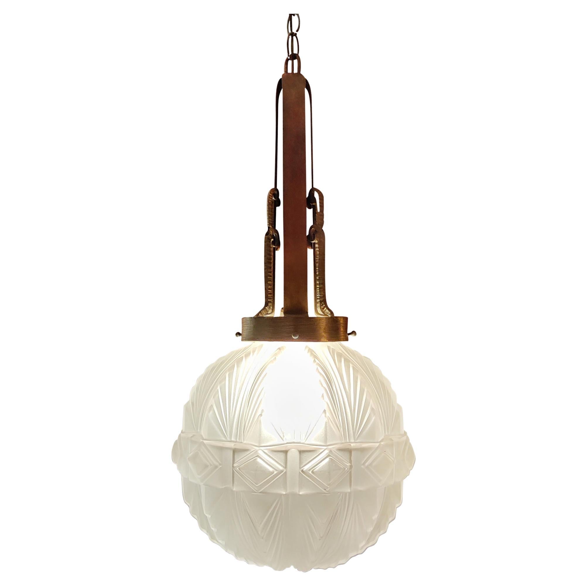 Sabino Art Deco Lantern Chandelier Frosted Glass Nickeled Steel, France, 1920s For Sale