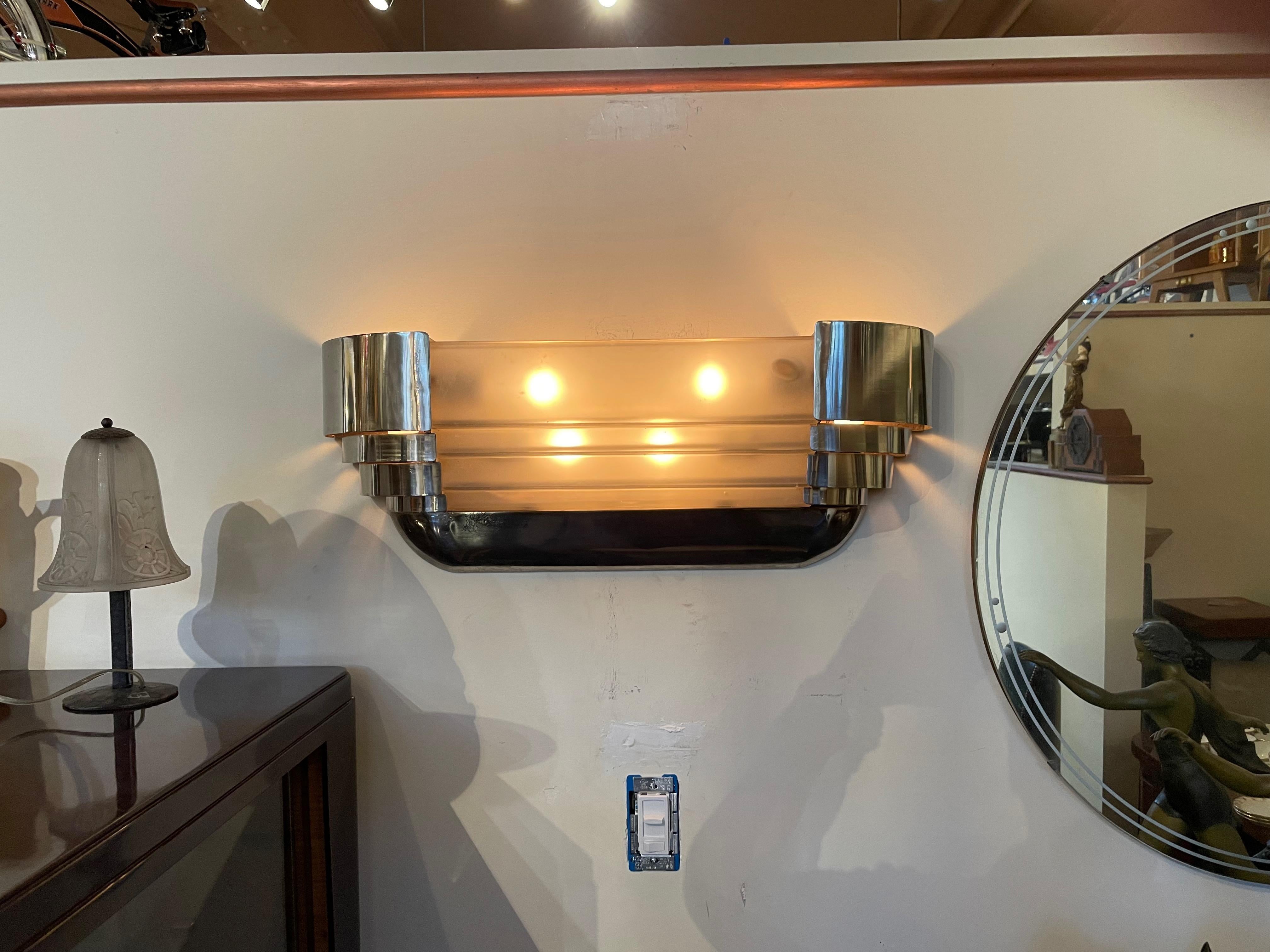 Sabino Art Deco Modernist Stepped Original Nickel Sconces Pair, 1930s