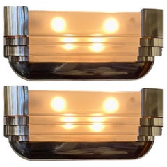 Vintage Sabino Art Deco Modernist Stepped Original Nickel Sconces Pair, 1930s