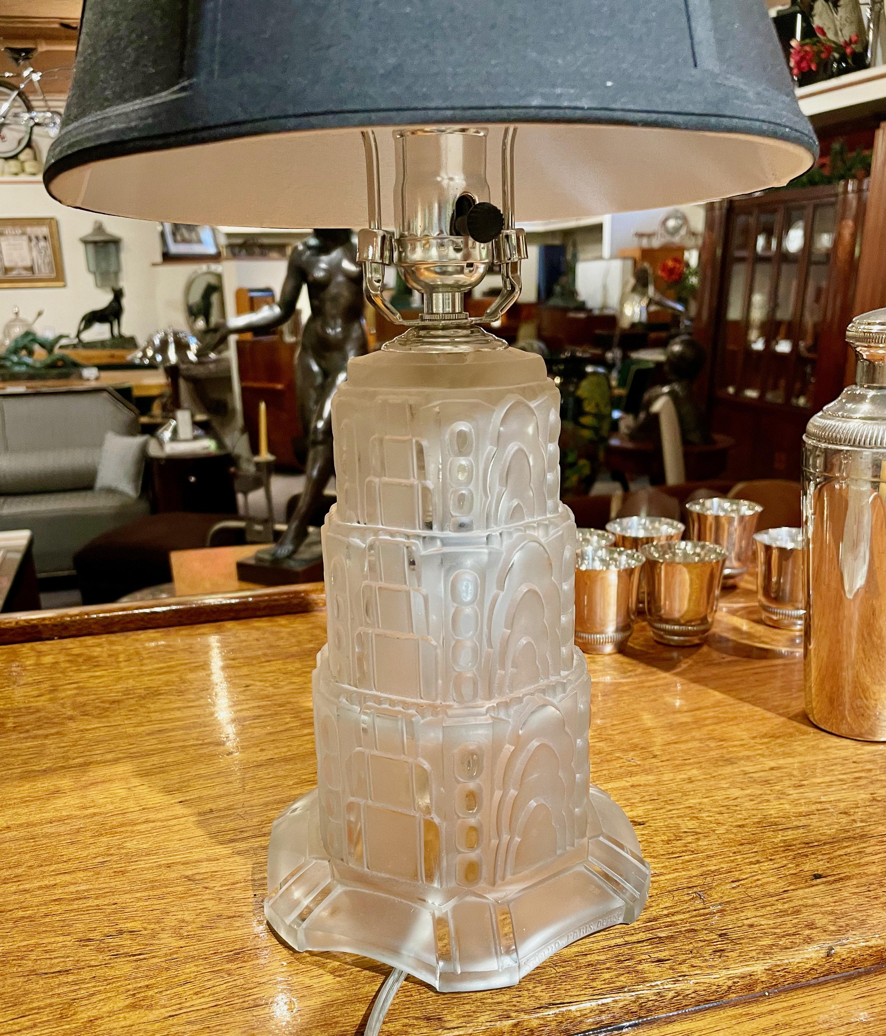 Sabino Art Deco stair-stepped water-fall glass table lamp. Perfectly rendered detailed glass, embossed with “Sabino Paris Depose” model #4670. A stunning lamp just re-wired with a 3-way switch allows you to light the top or bottom or both and new