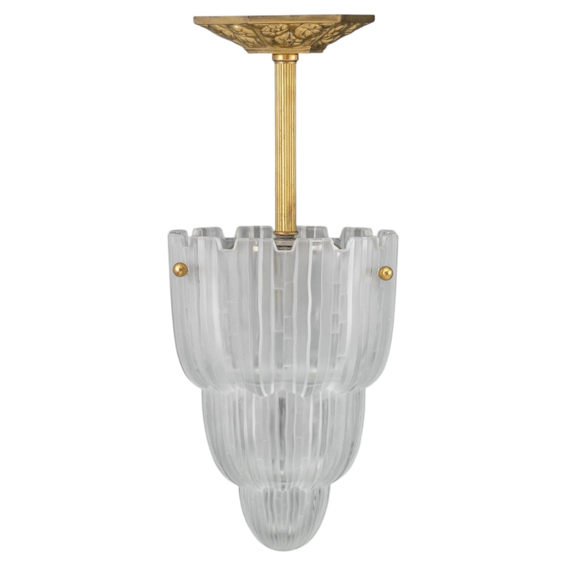 Art Deco Frosted Glass & Brass Waterfall Pendant Lamp by Sabino, France