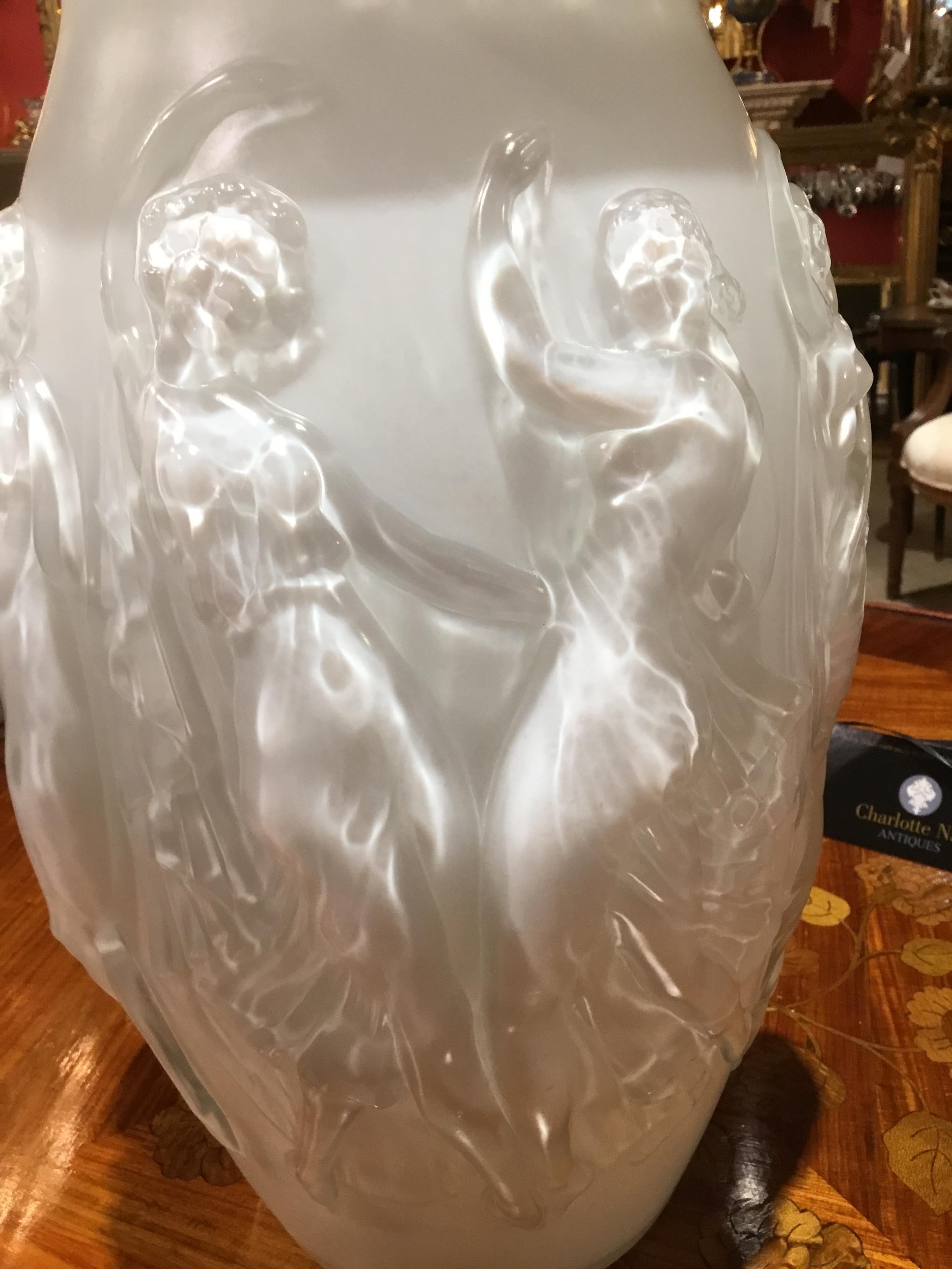 French Sabino/France Mouth Blown Vase “La Danse” in Translucent White Glass of Dancers