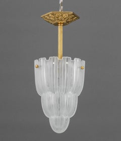 Art Deco Frosted Glass & Brass Waterfall Pendant Lamp by Sabino, France