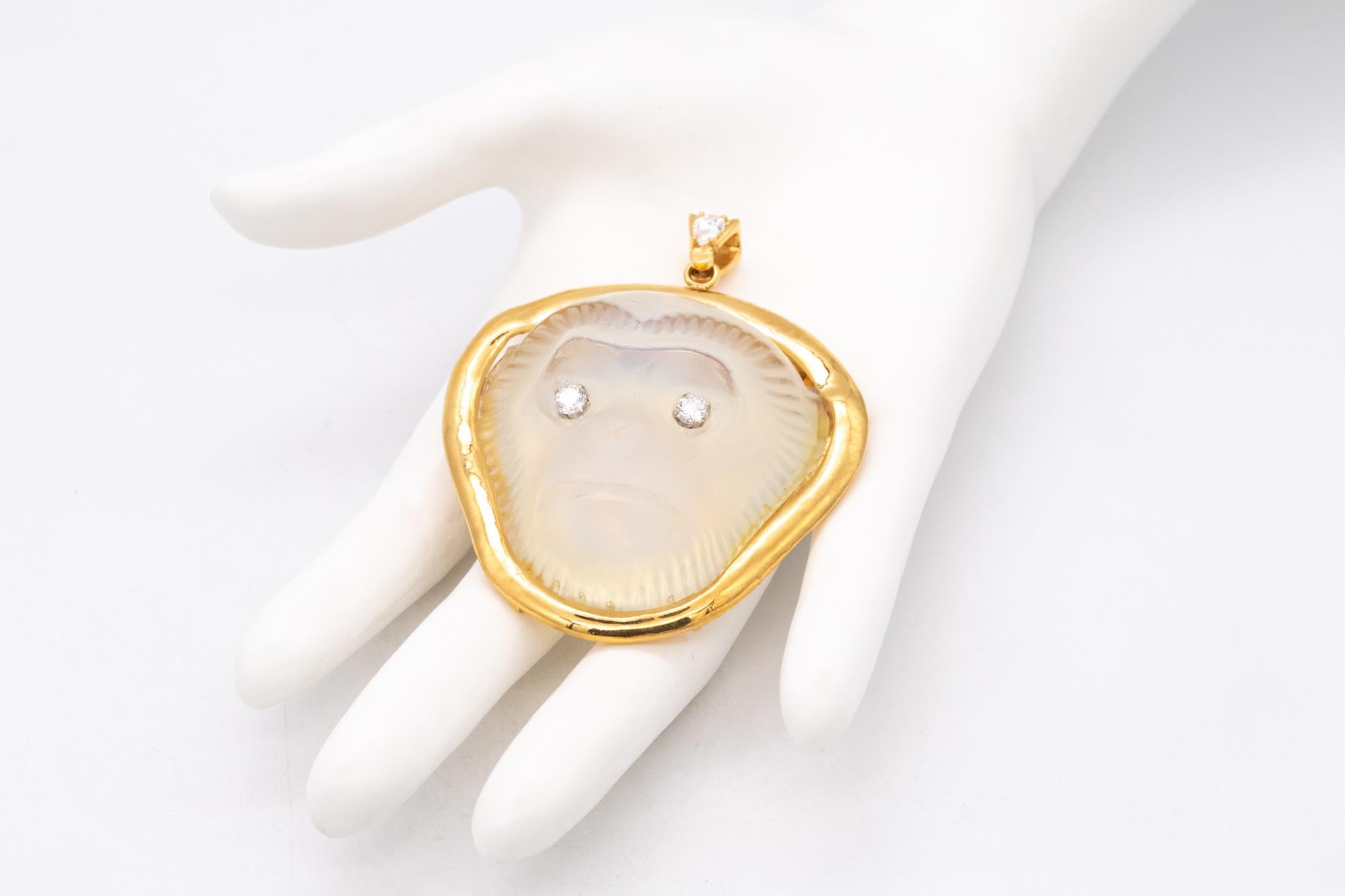 Modernist Sabino Opalescent Glass Monkey Pendant in 18Kt Gold with 1.51 Cts in VS Diamonds