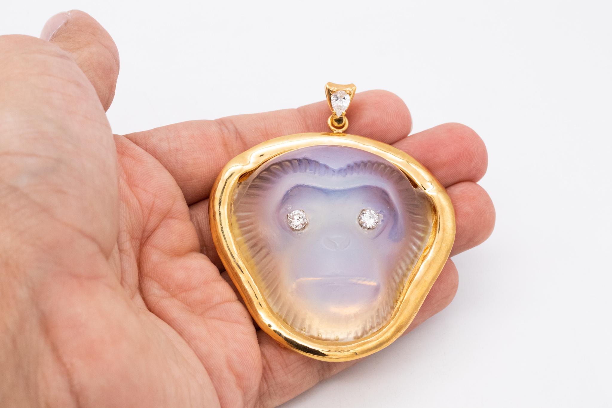 Mixed Cut Sabino Opalescent Glass Monkey Pendant in 18Kt Gold with 1.51 Cts in VS Diamonds