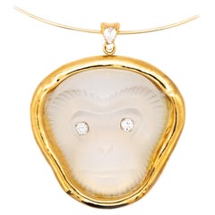 Vintage Sabino Opalescent Glass Monkey Pendant in 18Kt Gold with 1.51 Cts in VS Diamonds