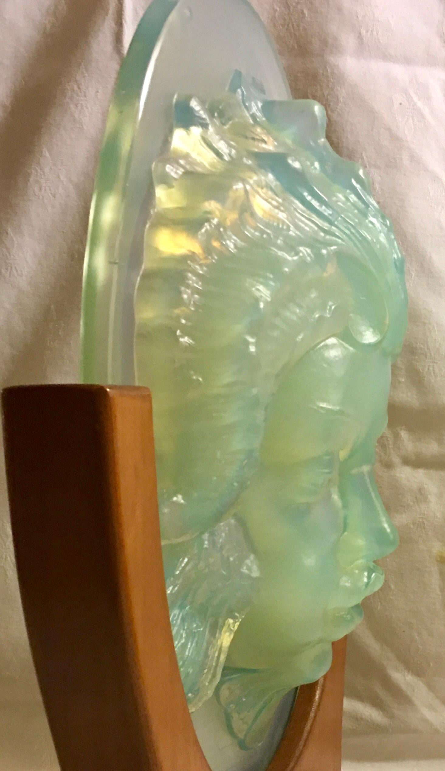 Art Deco Sabino Opalescent Glass Triton Mask on Mahogany Stand