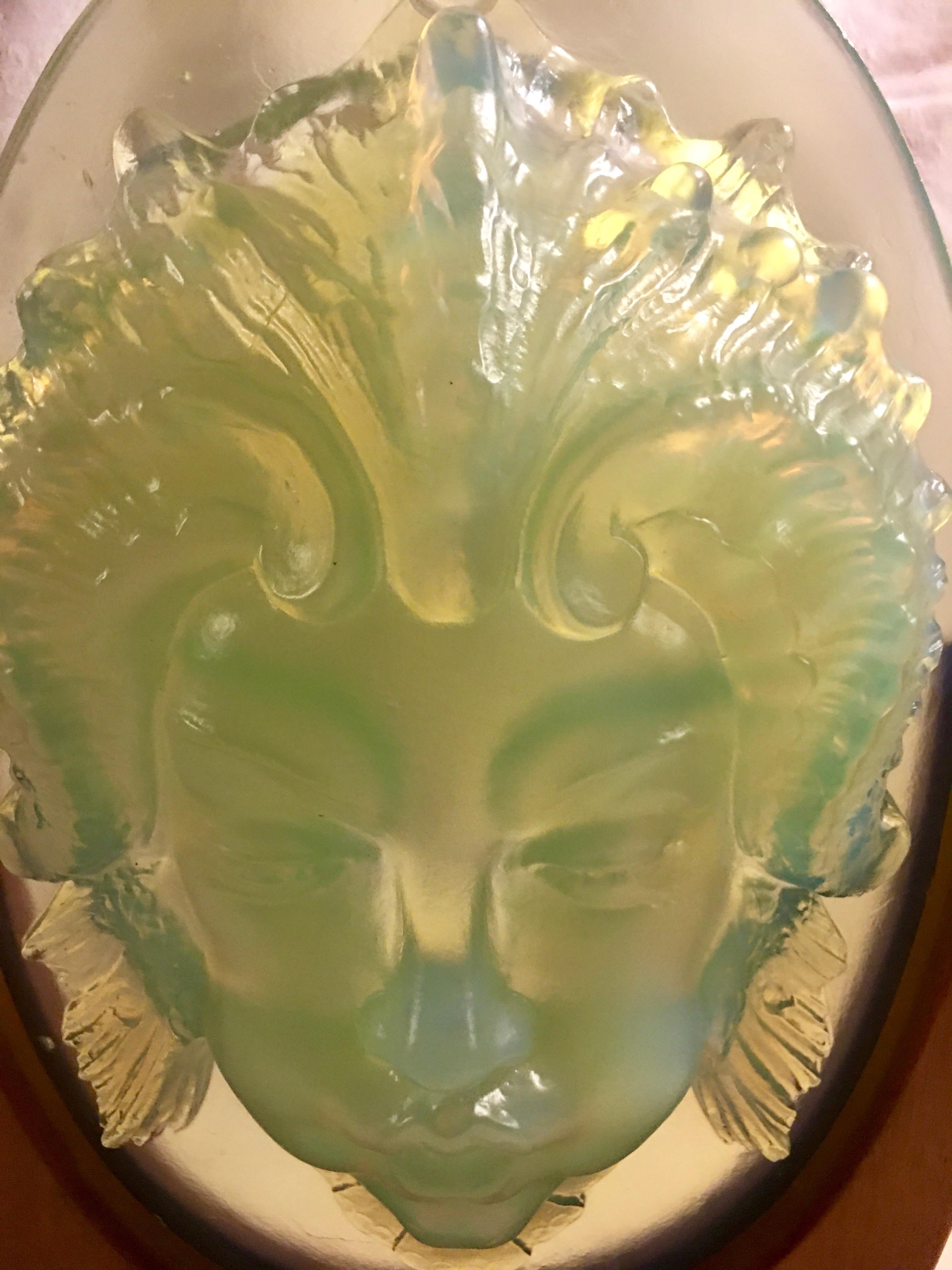 Sabino Opalescent Glass Triton Mask on Mahogany Stand In Excellent Condition In South Newfane, VT