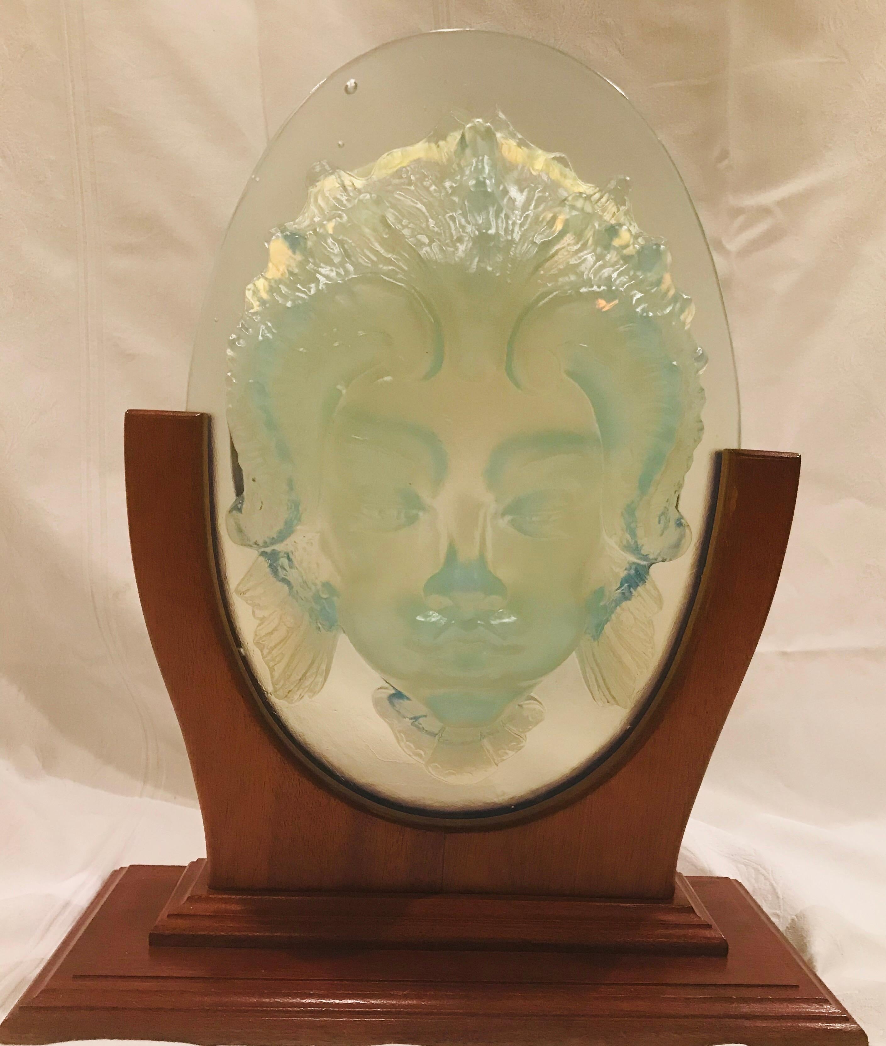 20th Century Sabino Opalescent Glass Triton Mask on Mahogany Stand