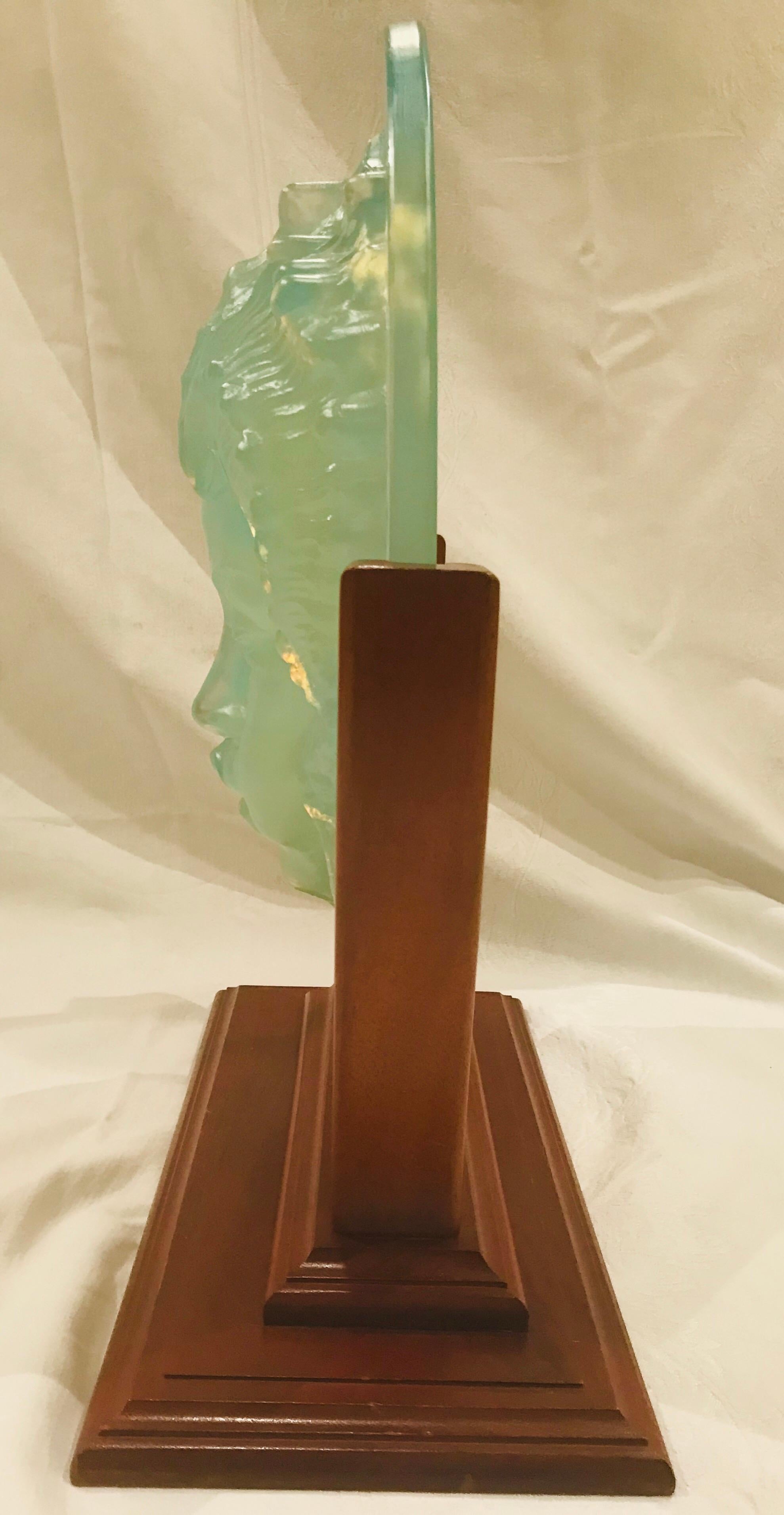 Opaline Glass Sabino Opalescent Glass Triton Mask on Mahogany Stand