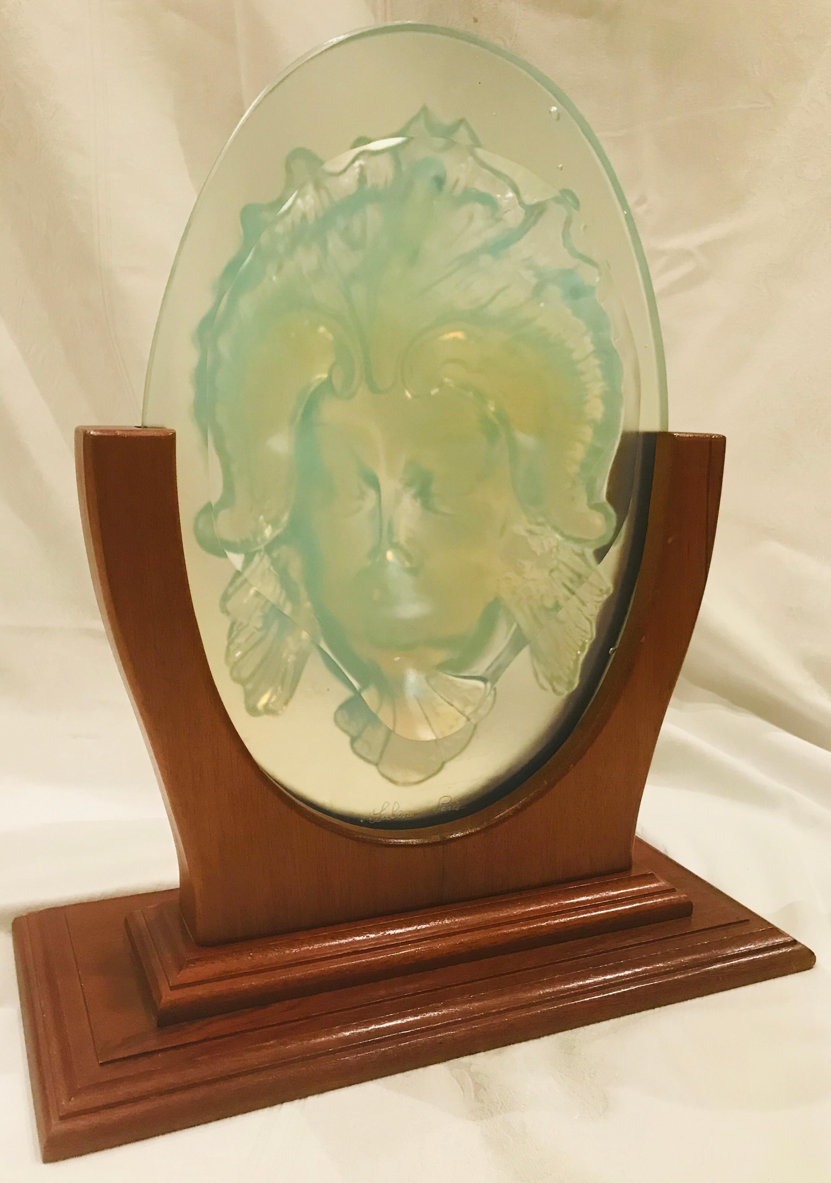 Sabino Opalescent Glass Triton Mask on Mahogany Stand 1