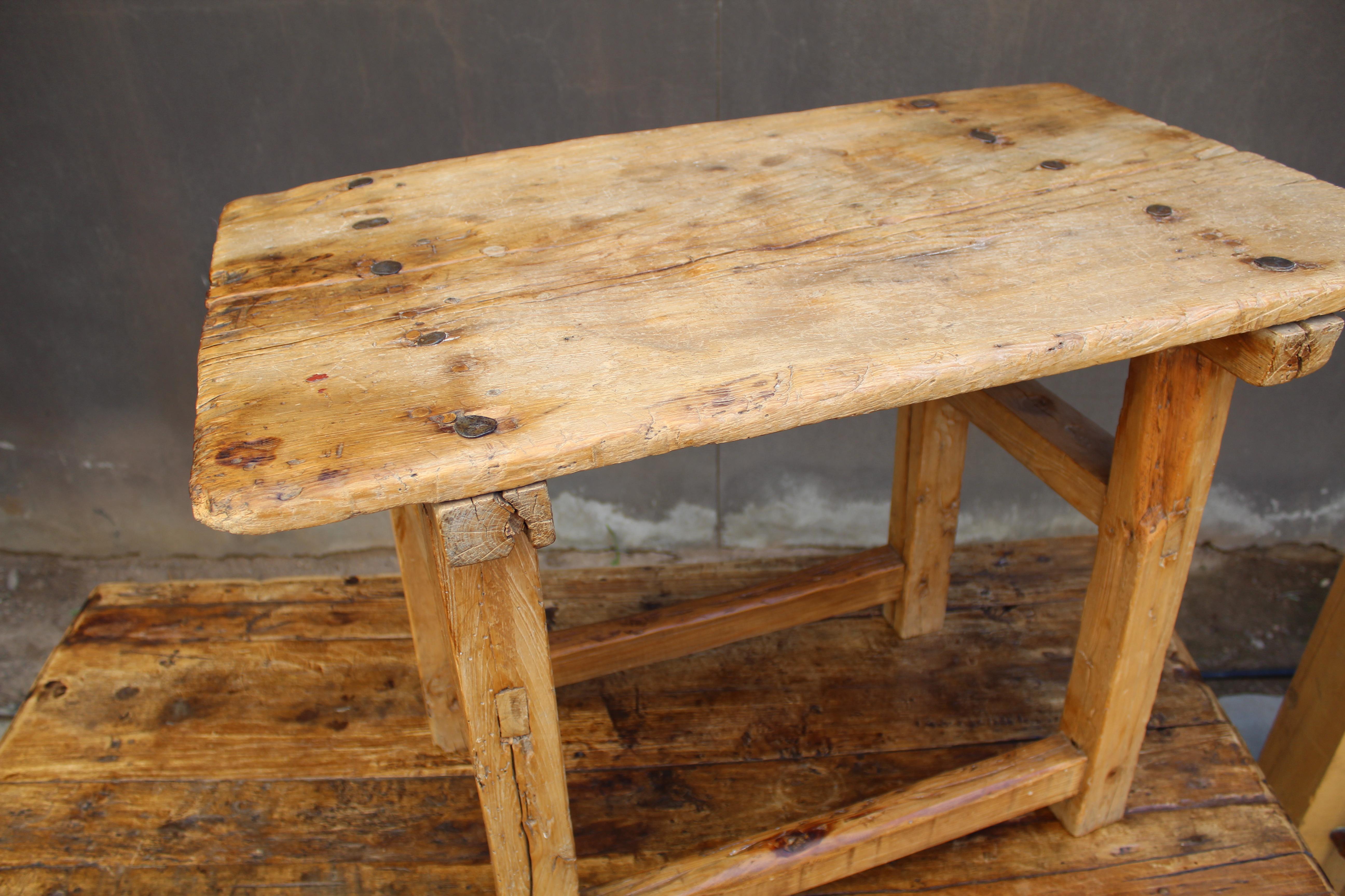 Solid Sabino wood work table. It is rare to find this table with both top and base in sabino. Hand forged iron nails. This table has a beautiful patina from age and use. Mexico.