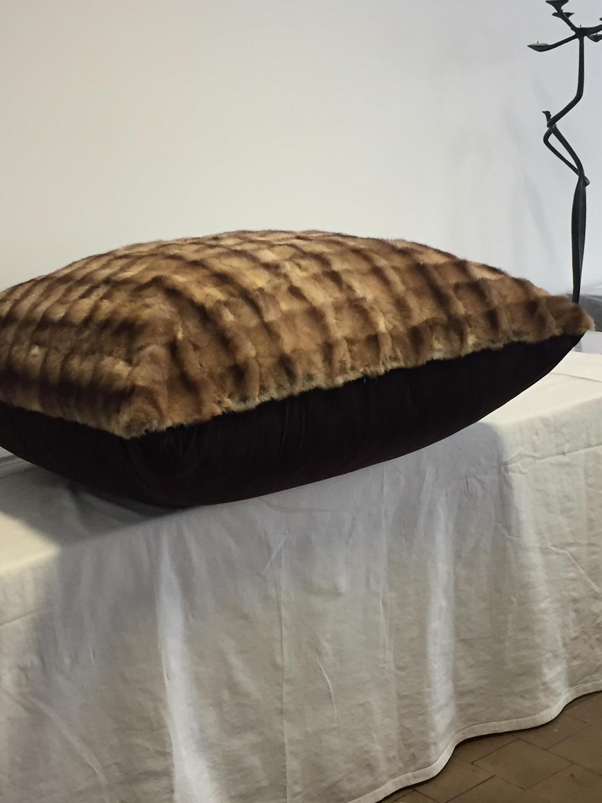 Floor cushion Barguzin sable, square shaped. Size: 107 x 107cm, 50cm seat height, inner cushion is filled with feather and foam for a perfect seat comfort, the sable is done in a patch work, the cushion cover has at the top the fur and on the back