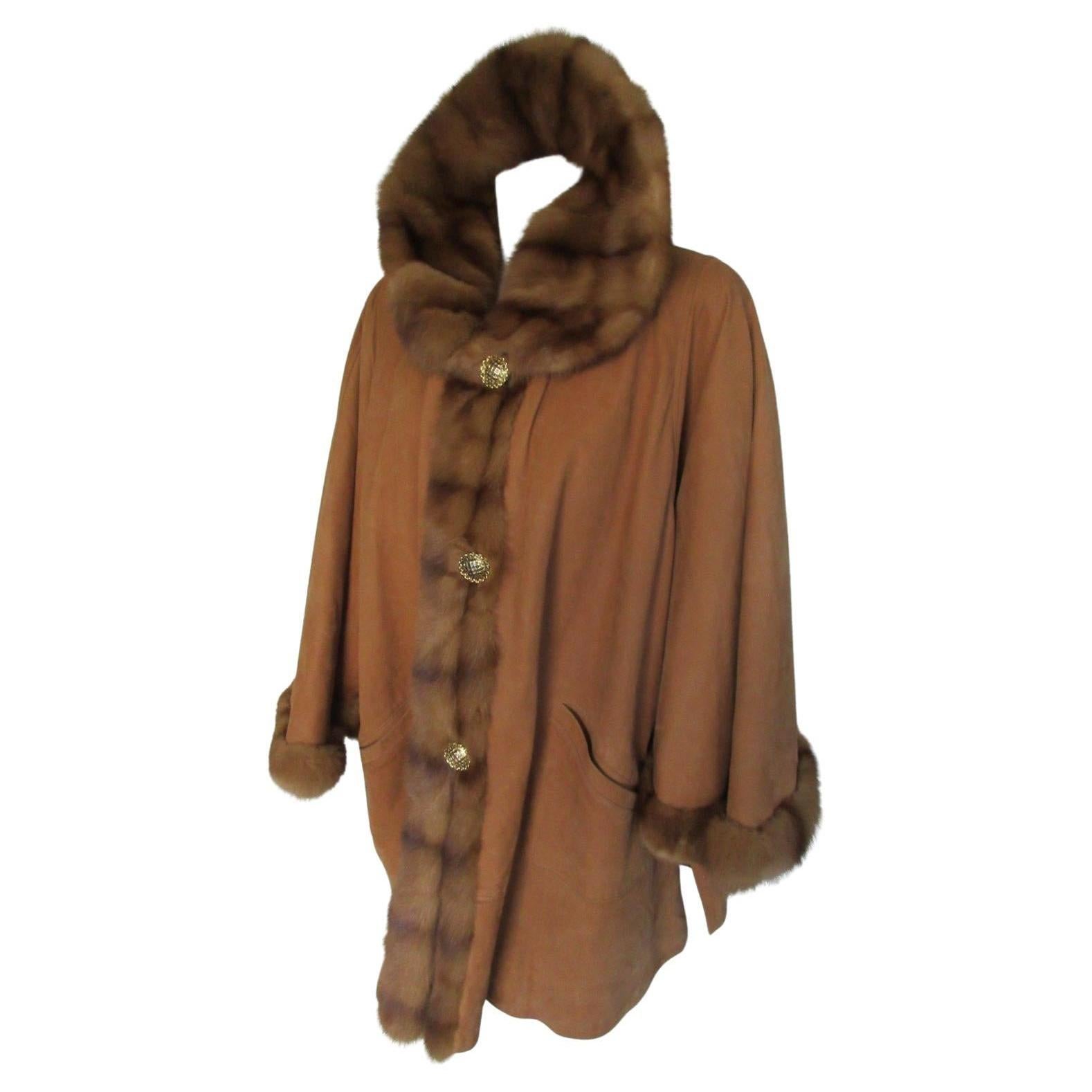 Sable Fur Suede Leather Cape Coat