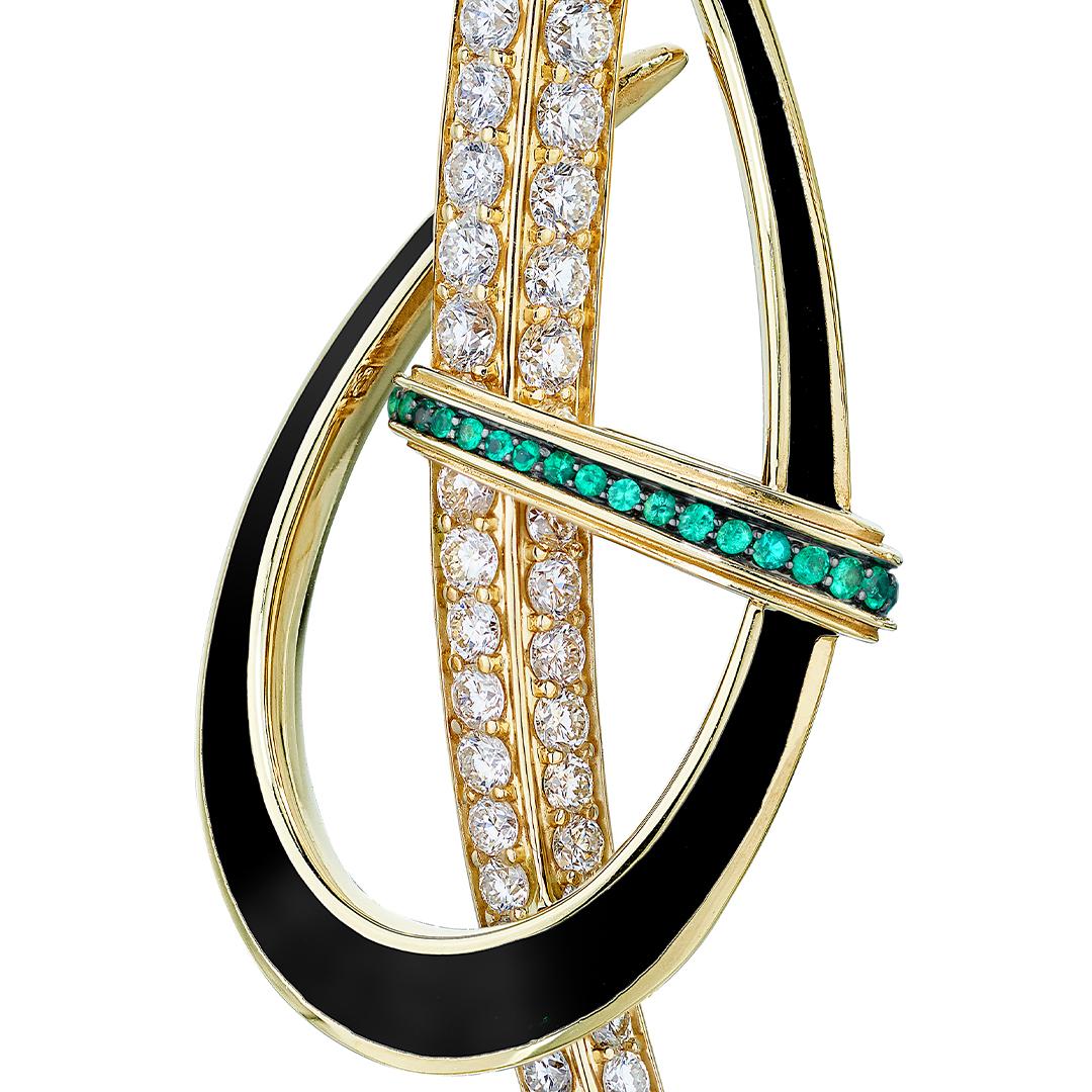 Art Deco Sabre Fine Earrings, 18 Carat Yellow Gold, Emerald, Diamond & Ceramic For Sale