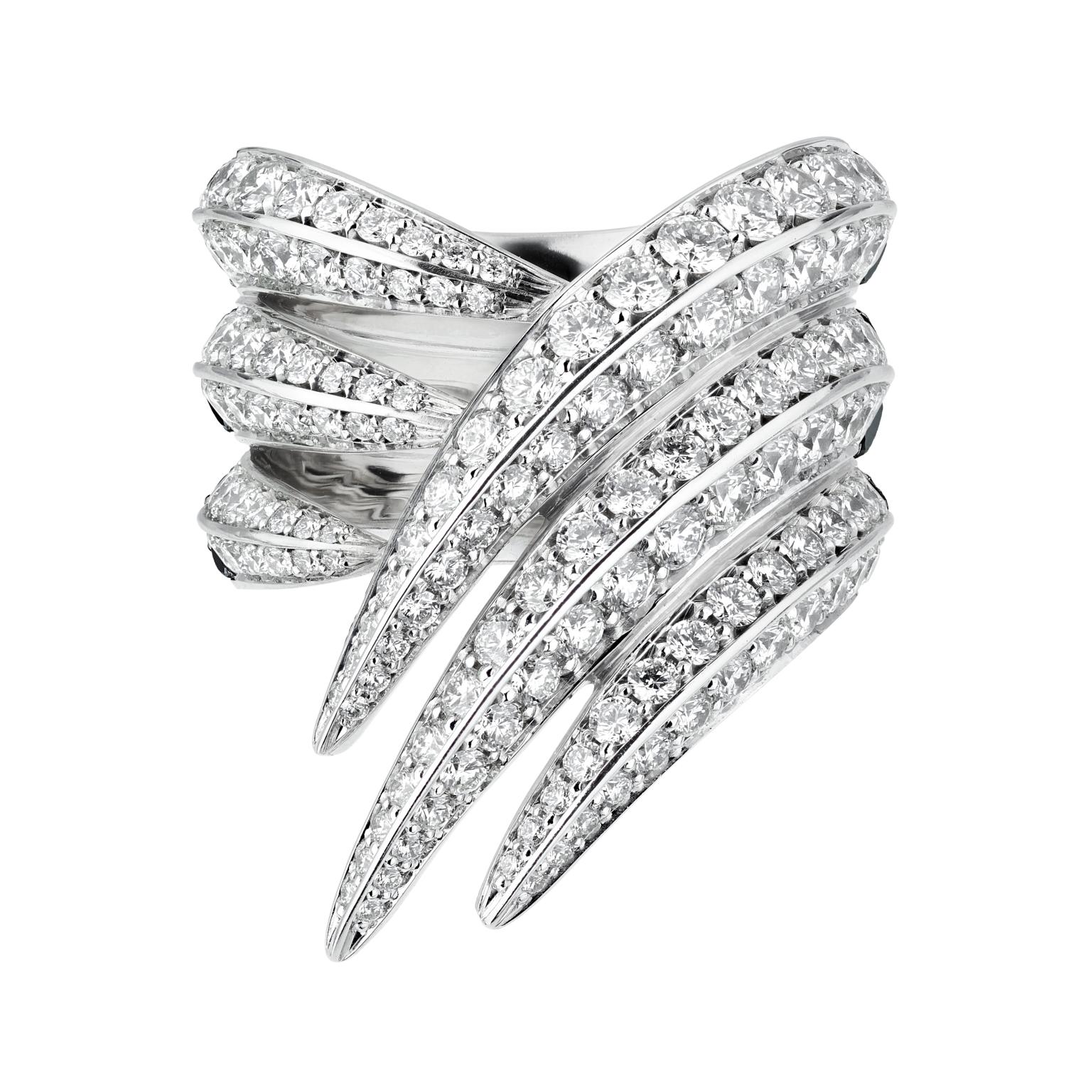 Sabre Fine Triple Ring is handcrafted from 18ct white gold and 2.96cts of brilliant white diamonds - a perfect parure when worn with a coordinated pair of Sabre Fine earrings. A dynamic cluster of tapered silhouettes enclose the finger, in three