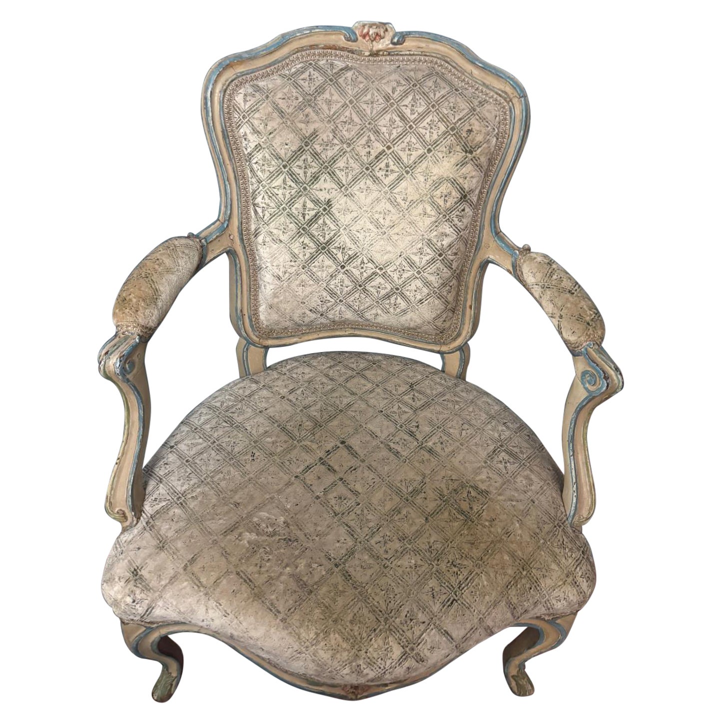 Poltrona francese Sabrina Braxton in velluto beige e tessuto oro in vendita