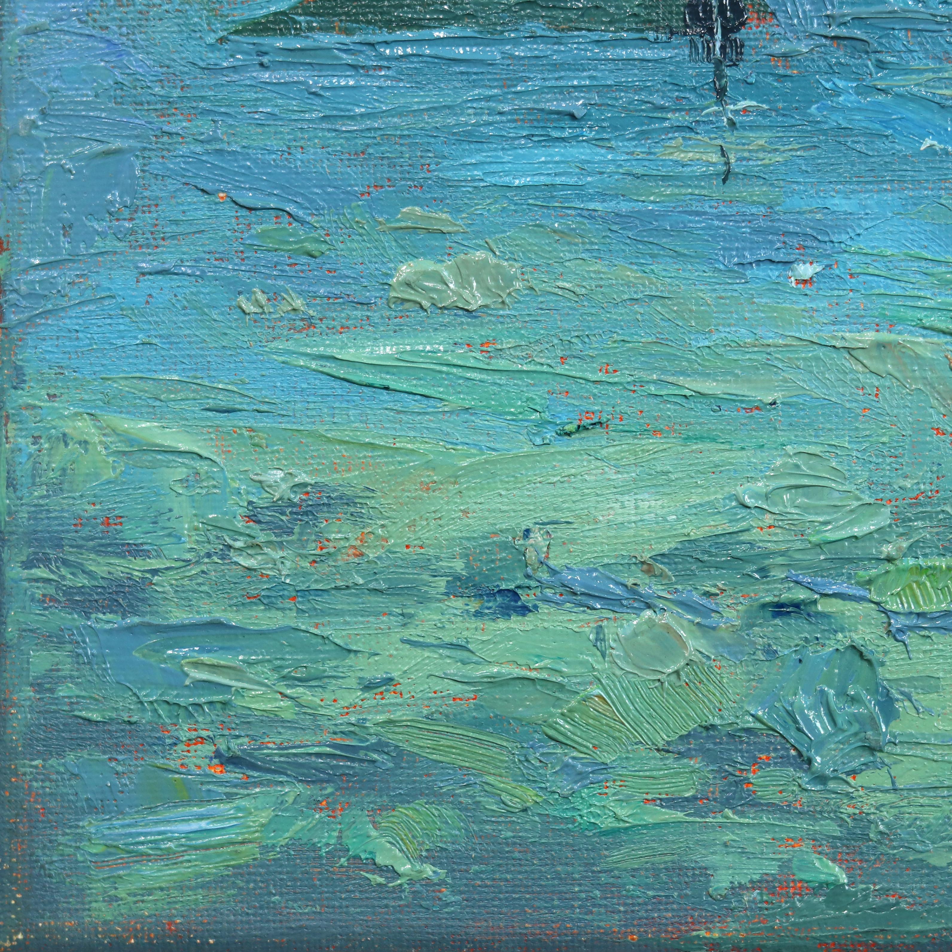 Aqua Melodies de Sabrina Zhou, une exquise peinture à l'huile sur toile encadrée de 9 pouces sur 11 pouces, capture la beauté sereine d'une mer tranquille grâce à son style impressionniste caractéristique et à sa maîtrise de la lumière et de la